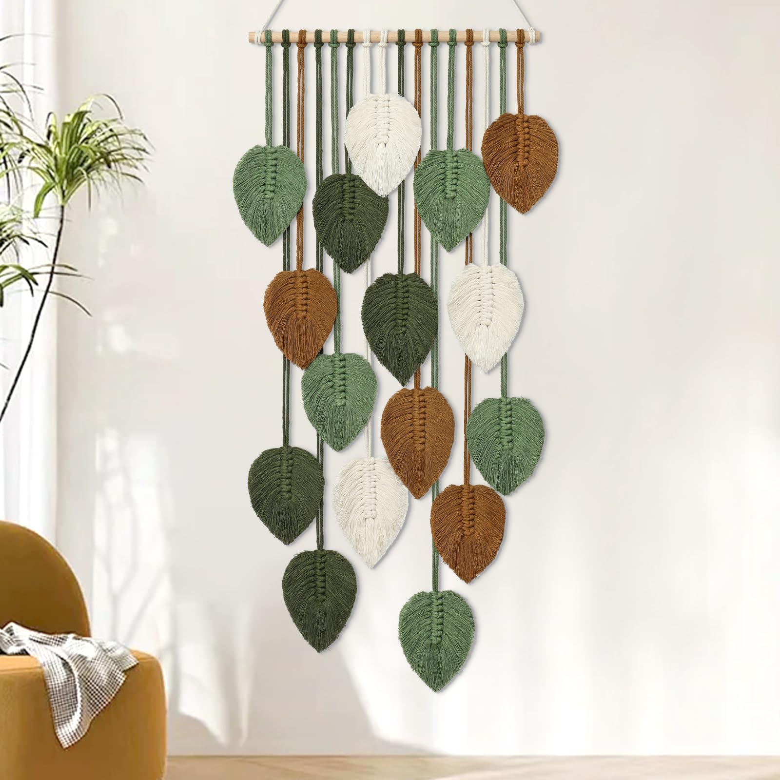 KHOYIME Large Macrame Wall Hanging Boho Woven Tapestry, Chic Home Decor Modern Bohemian Handmade Leaf Feather Wall Art Decorations for Apartment Dorm Living Room Bedroom Nursery Backdrop 39"W X 29.5"L