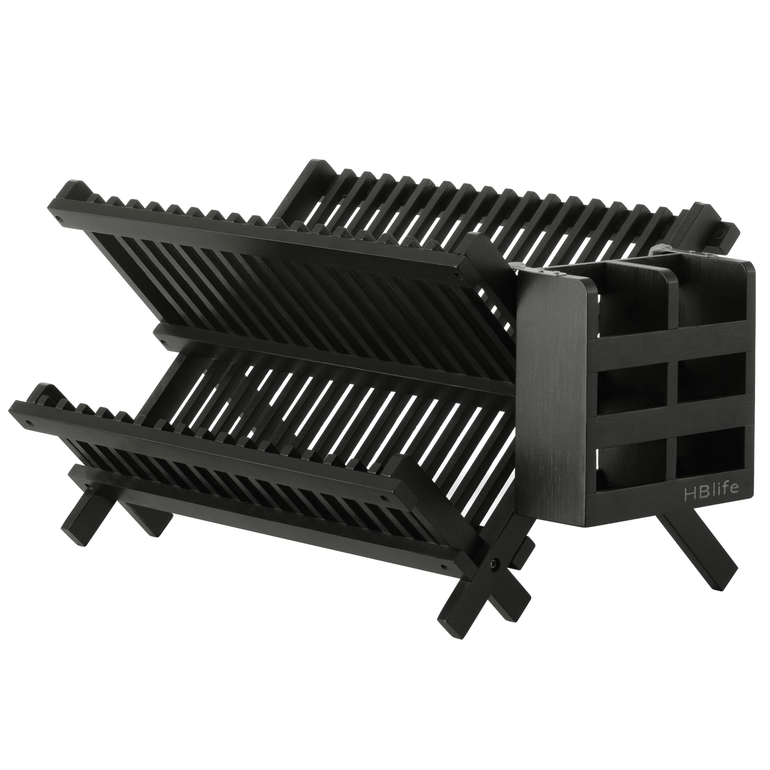 HBlife Bamboo Dish Drying Rack with Utensils Flatware Holder Set, 3-Tier Large Folding Drying Holder for Kitchen Counter, Collapsible Drainer