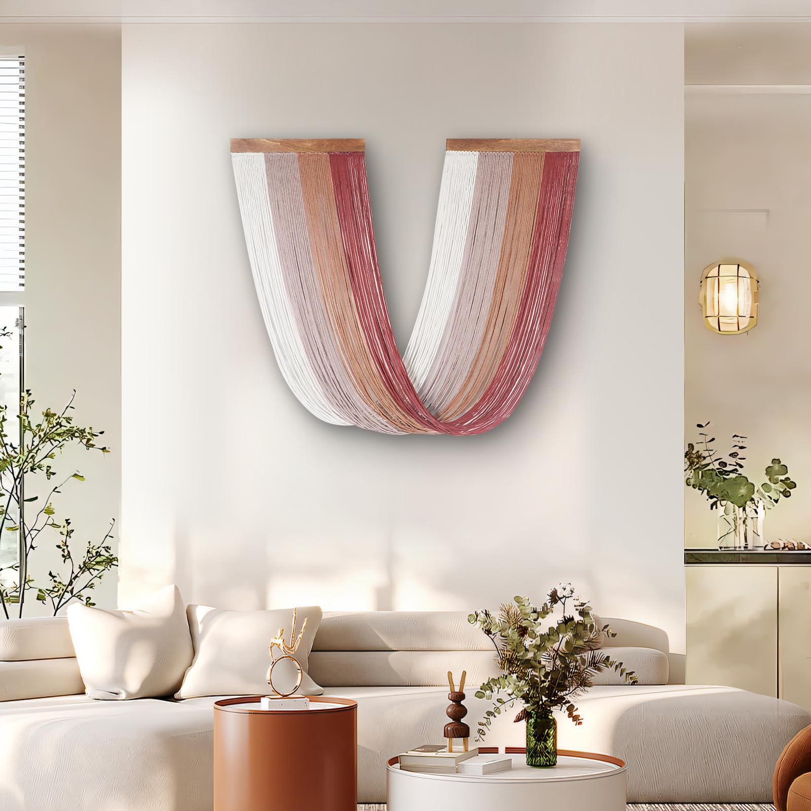 Lokeisna Macrame Wall Hanging, Woven Tapestry Beige & Dusty Rose Handmade Craft Macrame Wall Decor, Gallery & Nursery, Size 37.4” Lx27.5” W