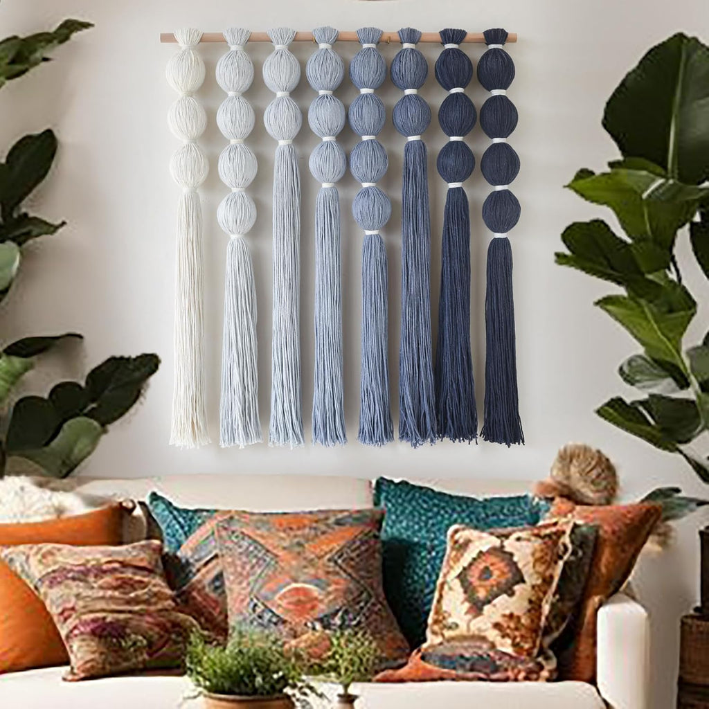 IOWER Macrame Wall Hanging Blue Yarn Wall Art Tassel Wall Decor with Knotted Ball Design Bohemian Wall Decor for Living Room Bedroom Home Backdrop 27" W x 39" L