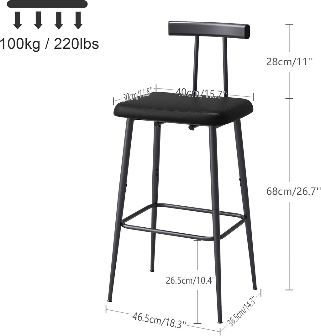 Set of 2 Industrial Bar Stools, Counter Height PU Leather Bar Chairs with Backrest & Footrest, Black
