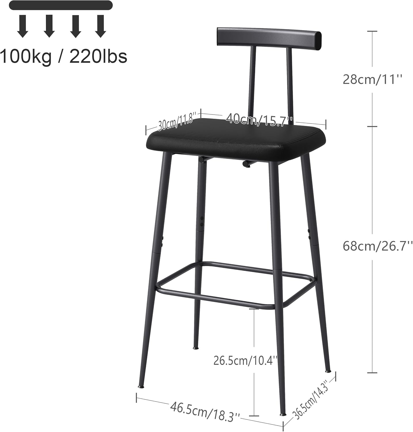 Set of 2 Industrial Bar Stools, Counter Height PU Leather Bar Chairs with Backrest & Footrest, Black