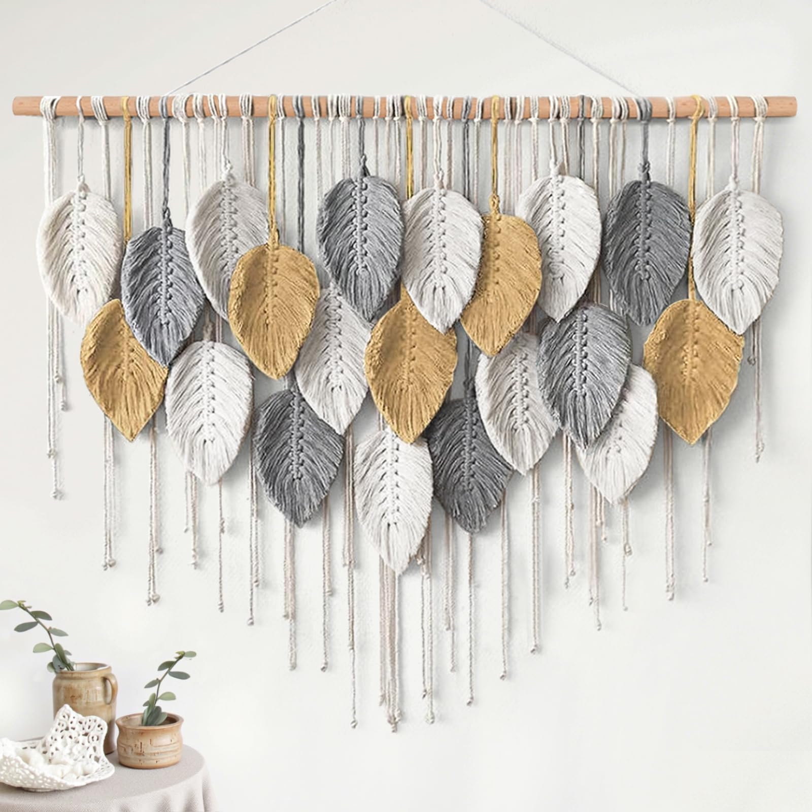 KHOYIME Large Macrame Wall Hanging Boho Woven Tapestry, Chic Home Decor Modern Bohemian Handmade Leaf Feather Wall Art Decorations for Apartment Dorm Living Room Bedroom Nursery Backdrop 39"W X 29.5"L