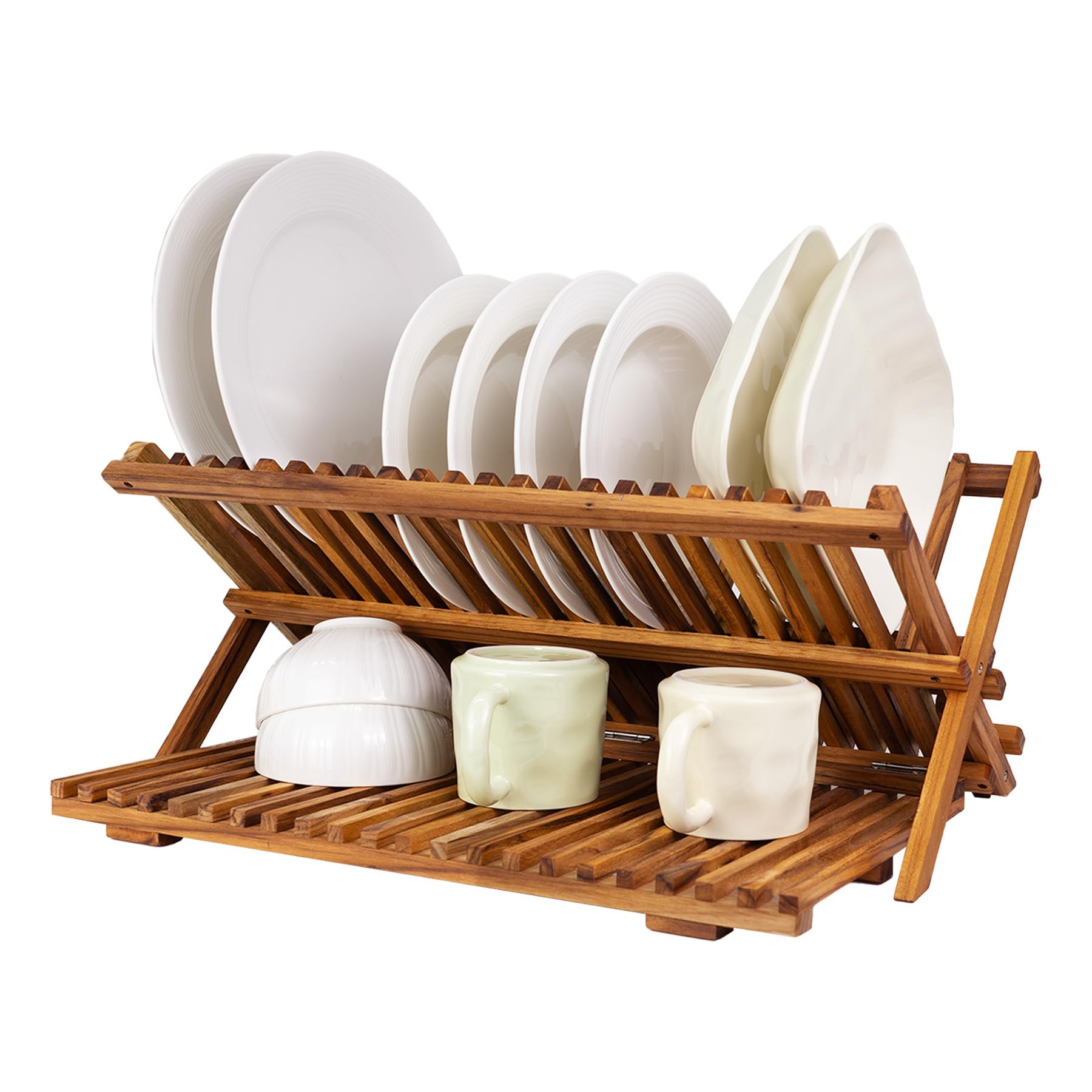 Utoplike Teak Dish Drainer Rack Collapsible 2 Tier Dish Rack Dish Drying Rack Foldable Plate Organizer Holder for Kitchen Compact Countertop