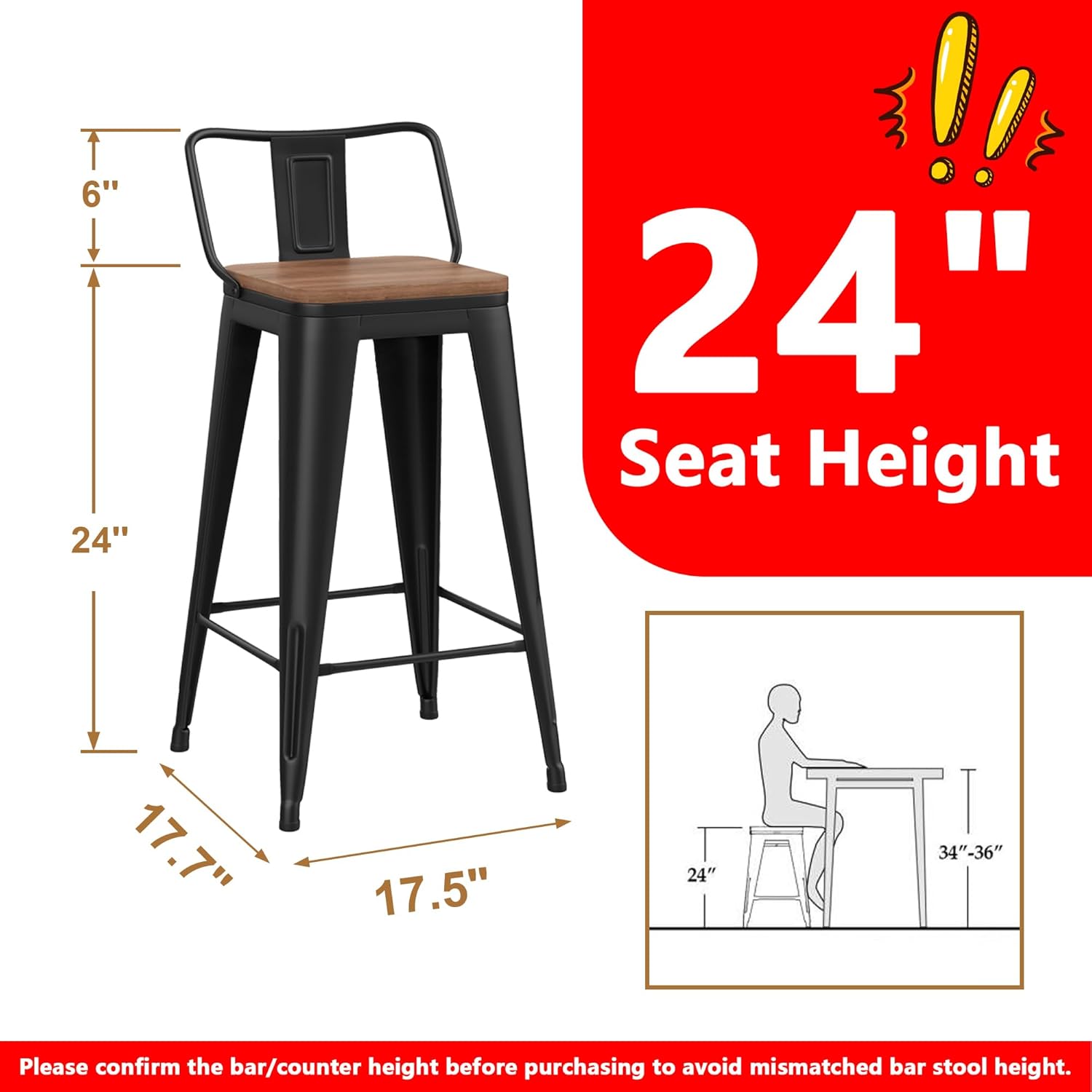 WENTMENT Metal Bar Stools Set of 4 Counter Height Barstools with Removable Back 24" Kitchen Bar Stools with Wooden Seat, Black