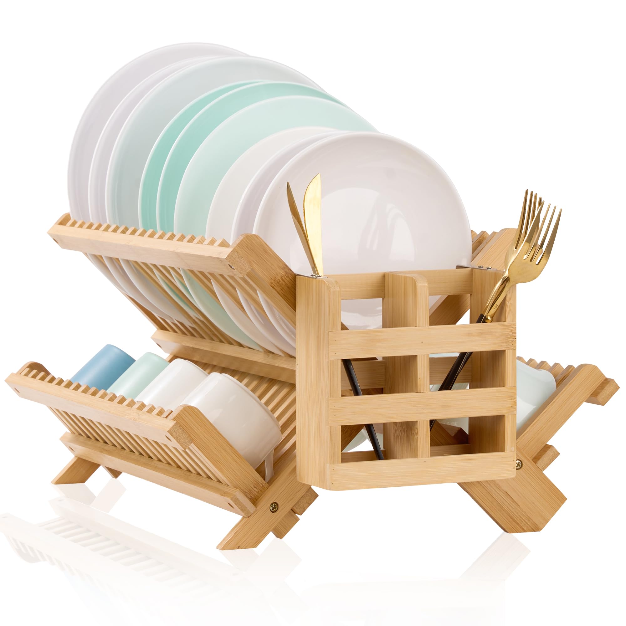 NOVAYEAH Bamboo Dish Drying Rack-2 Tier, Collapsible Small Dish Rack with Utensil Holder, Wooden Drying Rack for Kitchen Counter, Apartment Essentials Kitchen Plate Holder Organization 34 pcs Grid