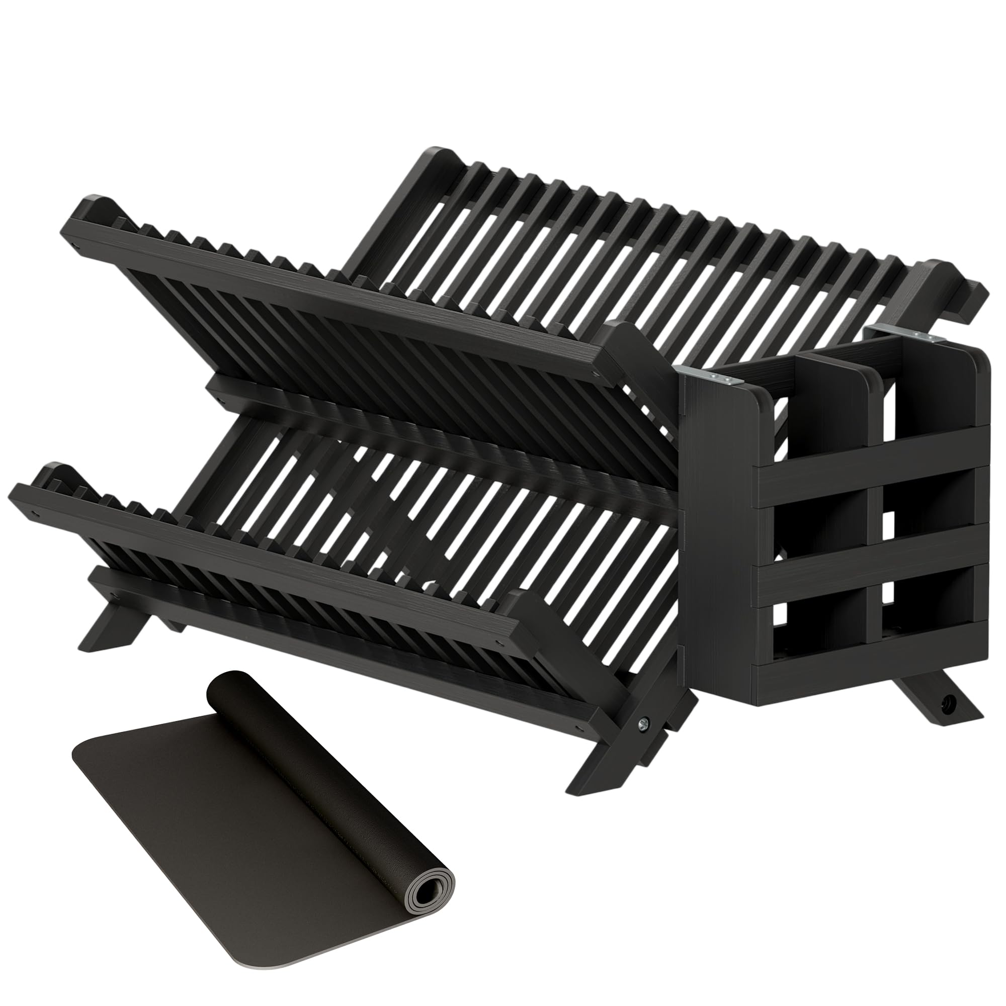 Greenual Bamboo Dish Drying Rack with Utensil Holder, 3 Tier Collapsible Dish Rack, Wooden Dish Racks for Kitchen Counter, Large Folding Drying Holder with Absorbent Dish Drying Mat