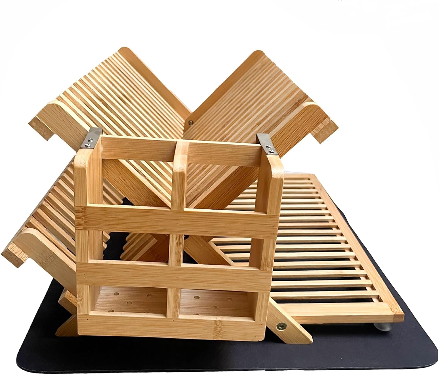 3-Tier Collapsible Bamboo Dish Drying Rack with Utensil Holder & Absorbent Mat