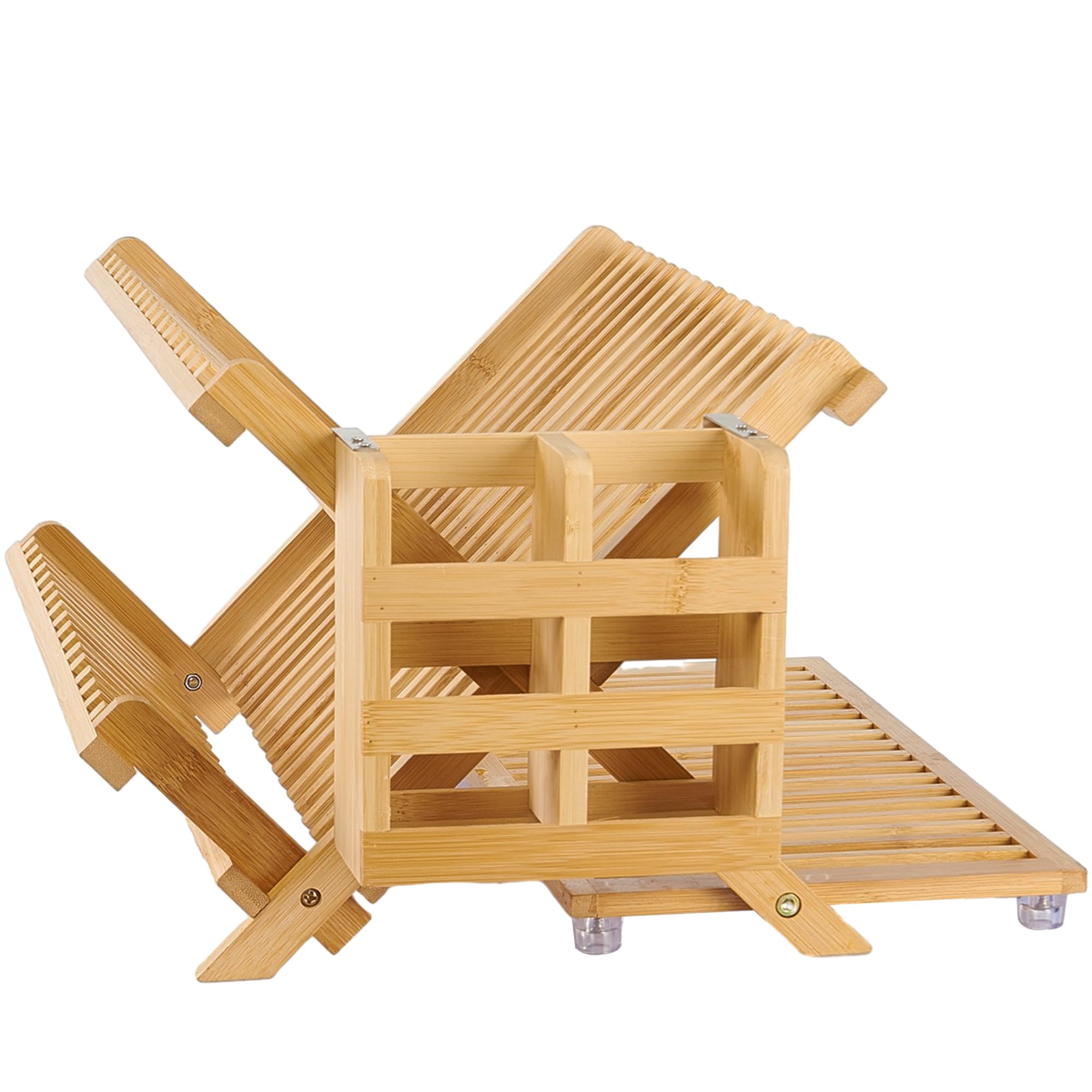 NOVAYEAH Bamboo Dish Drying Rack-2 Tier, Collapsible Small Dish Rack with Utensil Holder, Wooden Drying Rack for Kitchen Counter, Apartment Essentials Kitchen Plate Holder Organization 34 pcs Grid
