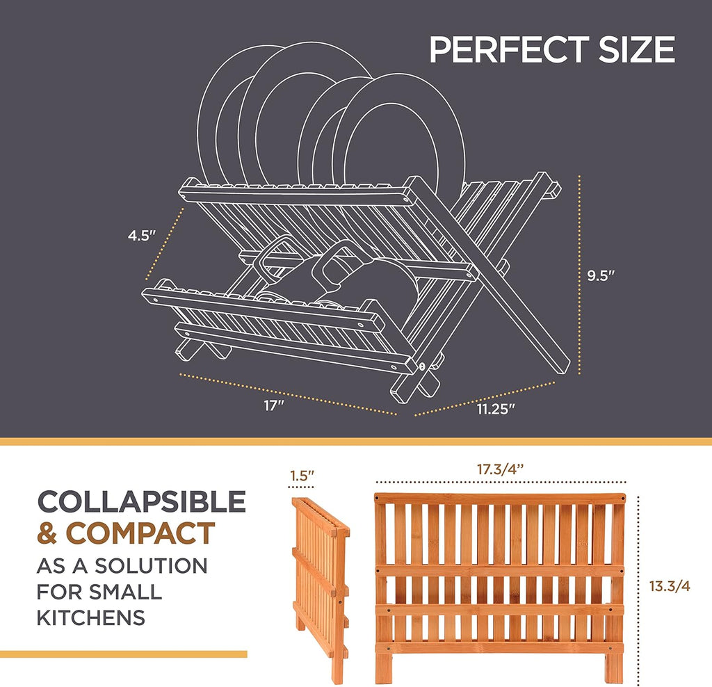 Bambüsi Dish Drying Rack - Collapsible Bamboo 2 Tier Foldable Wooden Dish Drainer for Countertop, Plates Cups Bowls Utensils - Eco Friendly Folding Bamboo Dish Rack for Kitchen Apartment RV Home Small