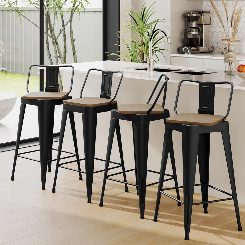 ALISH Swivel Bar Stools Set of 4 Counter Height Metal Bar Stools with Low Back Industrial Barstools for Kitchen Island (Black, 24 Inch 4 PCS)