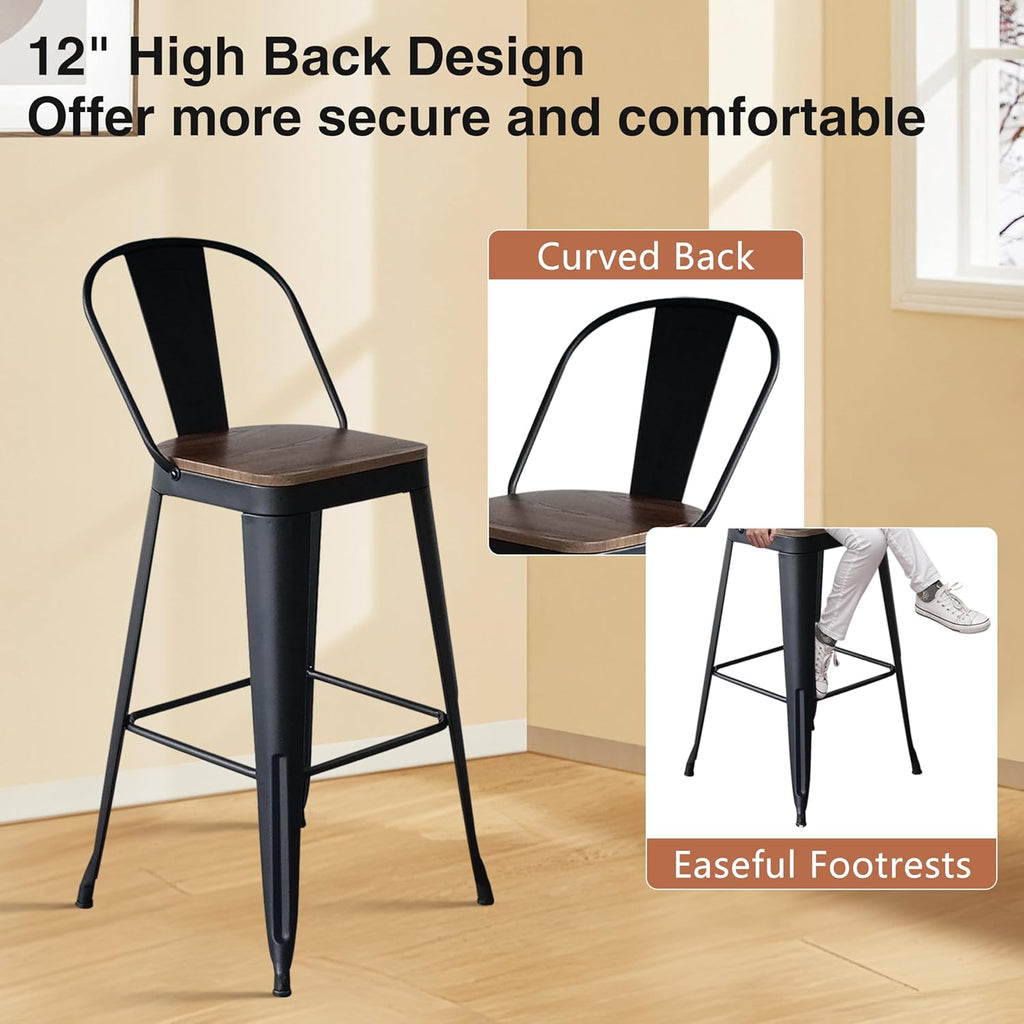 ALISH 30 Inch Industrial Bar Stools Set of 4, High Back Metal Barstools with Large Wood Seat, Counter Height Bar Chairs for Kitchen Island (30 Inch Set of 4, Black)