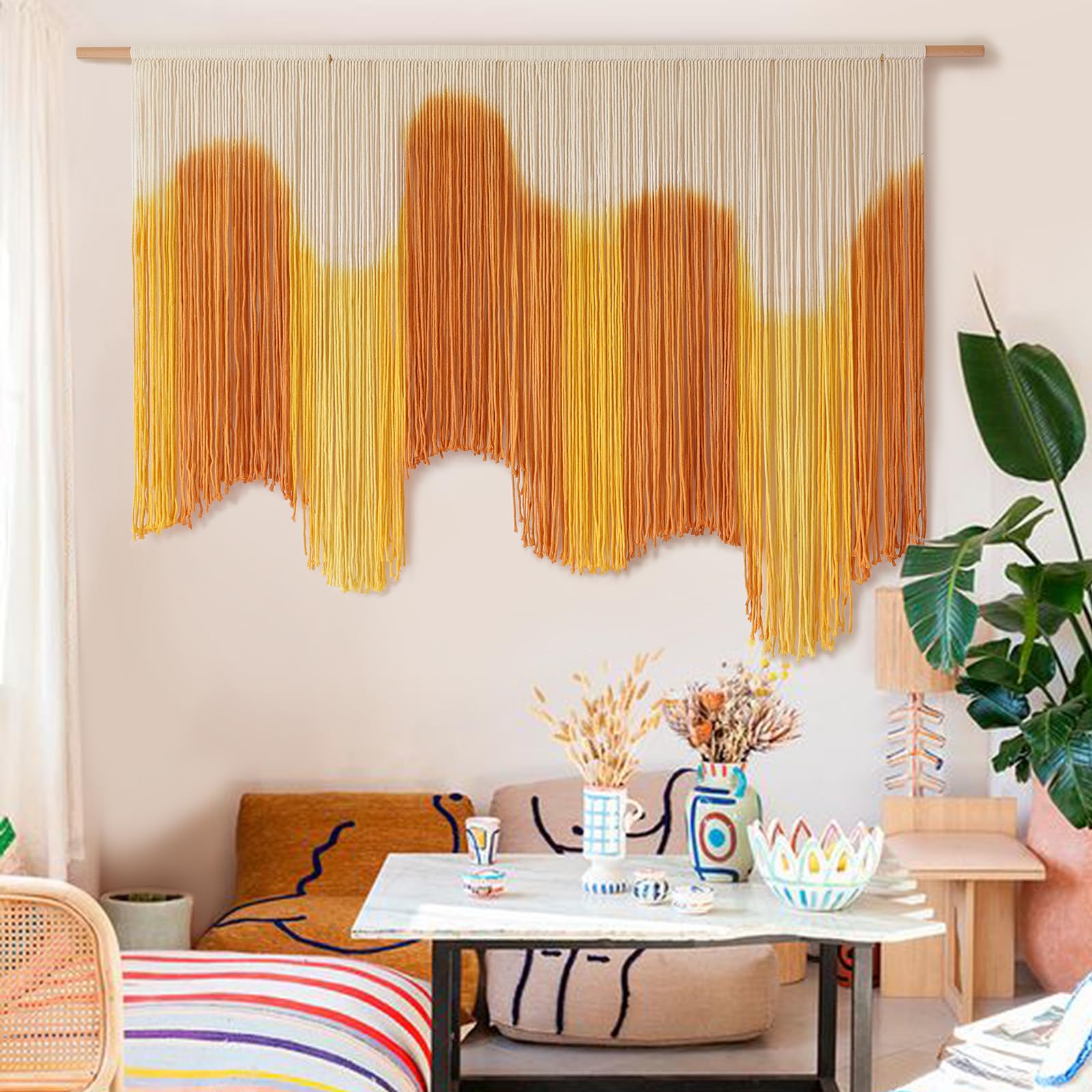 IOWER Macrame Wall Hanging Large Blue Dip Dyed Fiber Art Tapestry, Handmade Boho Wall Decor for Living Room Bedroom, Macrame Wall Art 57" W x 39" L