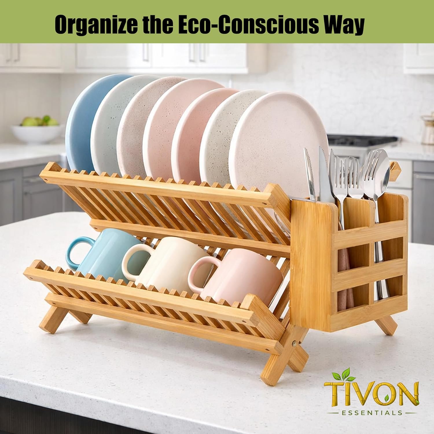 3-Tier Collapsible Bamboo Dish Drying Rack with Utensil Holder & Absorbent Mat