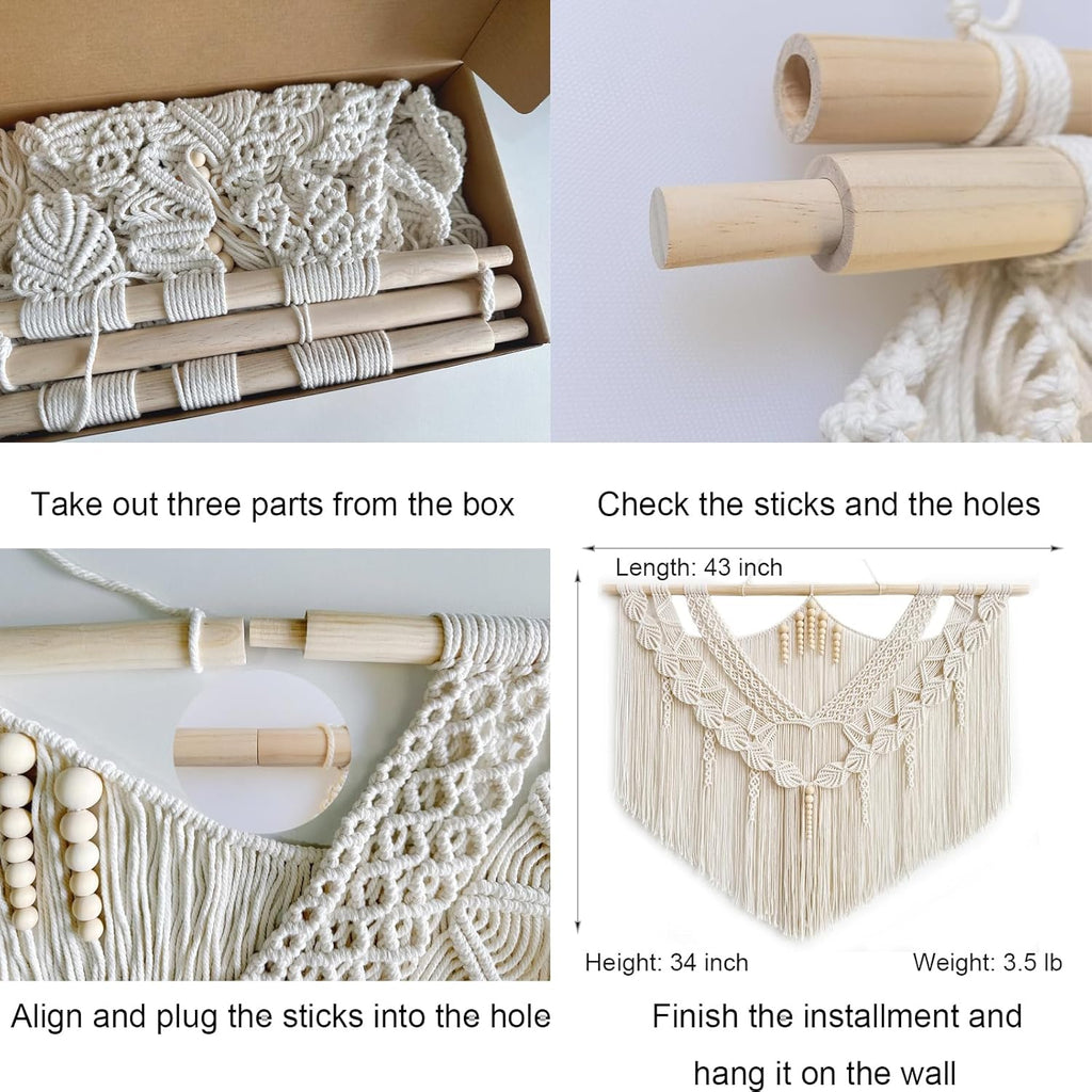 Large Macrame Wall Hanging, Boho Tapestry with Leaf & Wood Bead for Living Room Bedroom
