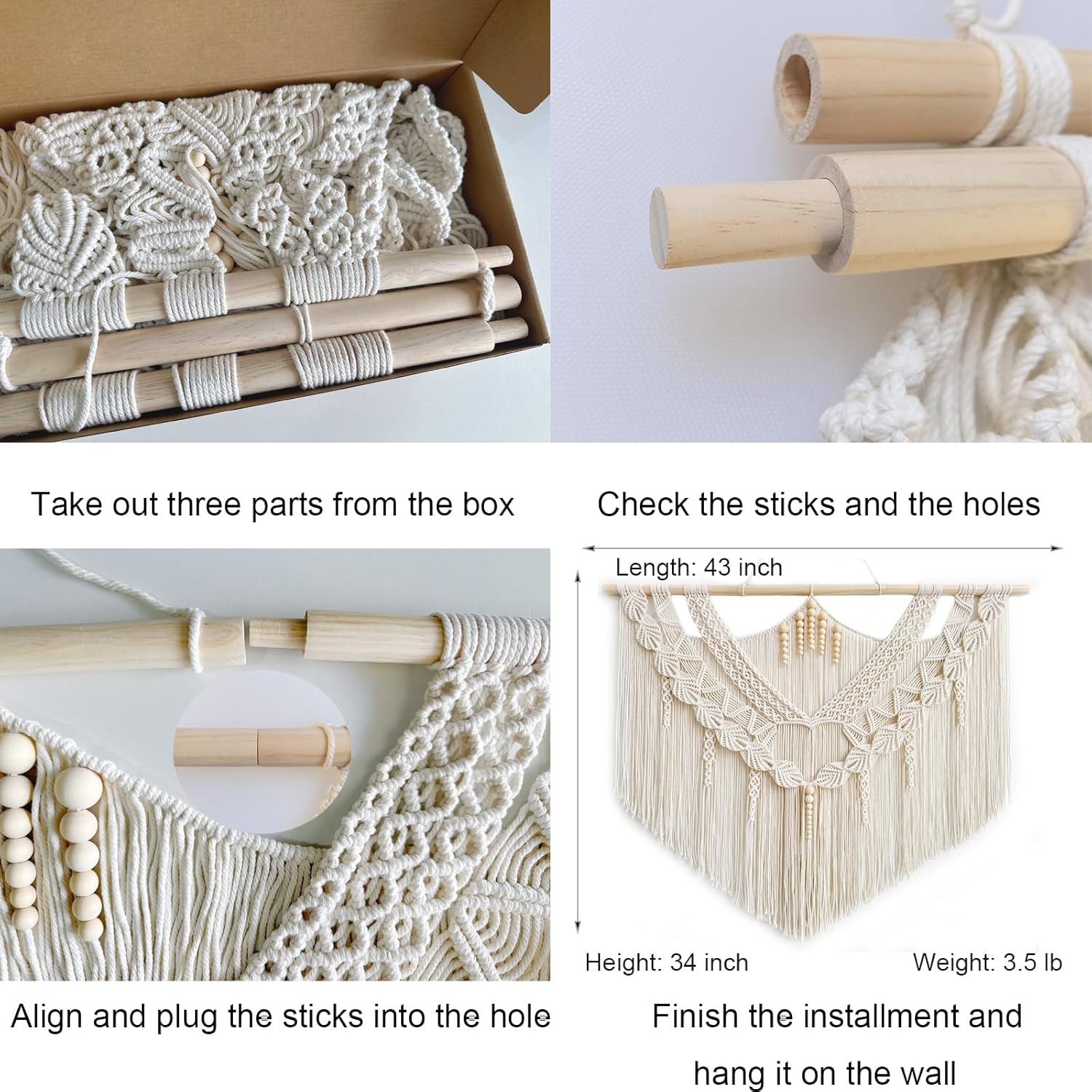 Large Macrame Wall Hanging, Boho Tapestry with Leaf & Wood Bead for Living Room Bedroom