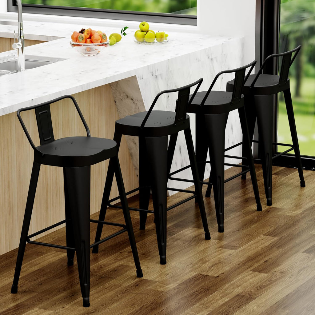 ALISH 24 Inch Bar Stools Set of 4, Industrial Metal Barstools Farmhouse Bar Chairs with Large Seat for Kitchen Island (24 Inch, Black)