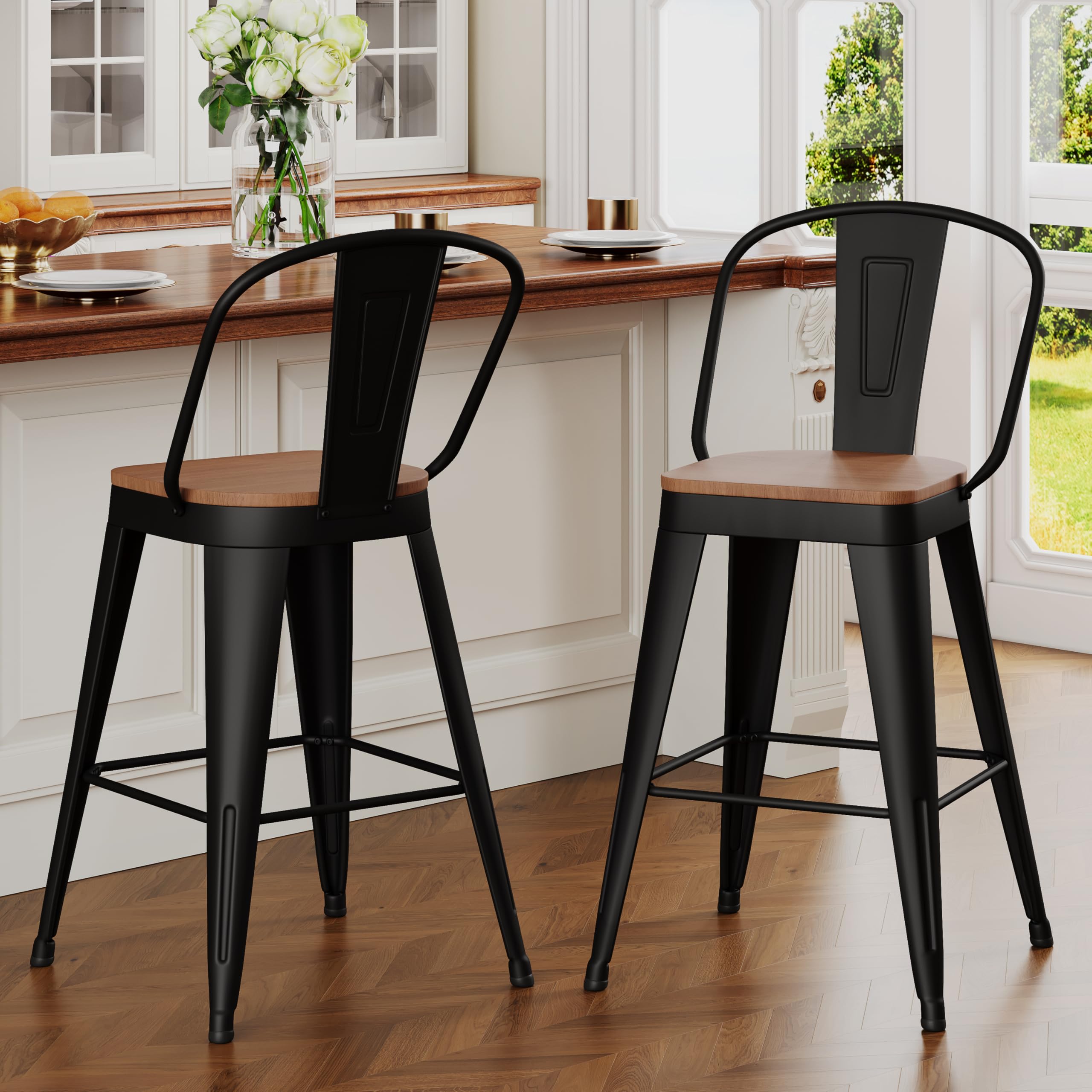 ALISH 30 Inch Industrial Bar Stools Set of 4, High Back Metal Barstools with Large Wood Seat, Counter Height Bar Chairs for Kitchen Island (30 Inch Set of 4, Black)