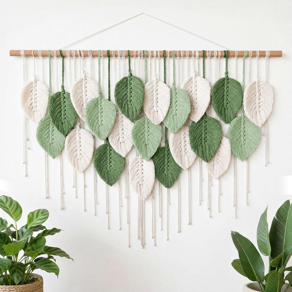 Mnjmhsg Large Macrame Wall Hanging, Boho Leaf Handwoven Macrame Wall Decor with Splicable Wood Rod, Tapestry Wall Hanging Bohemian Wall Art, Premium Cotton Macrame for Bedroom Living Room Office Decor, 39"W x 29.5"L