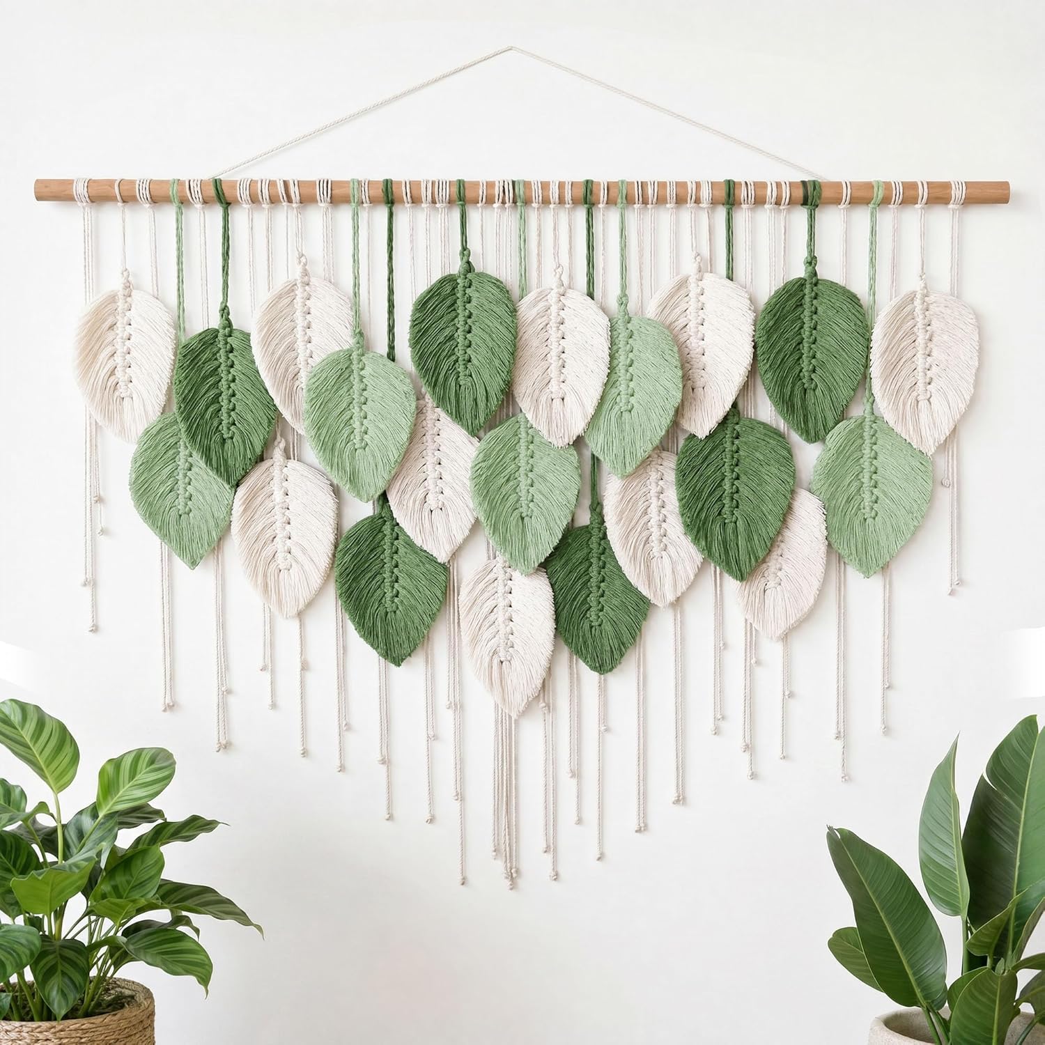 Mnjmhsg Large Macrame Wall Hanging, Boho Leaf Handwoven Macrame Wall Decor with Splicable Wood Rod, Tapestry Wall Hanging Bohemian Wall Art, Premium Cotton Macrame for Bedroom Living Room Office Decor, 39"W x 29.5"L