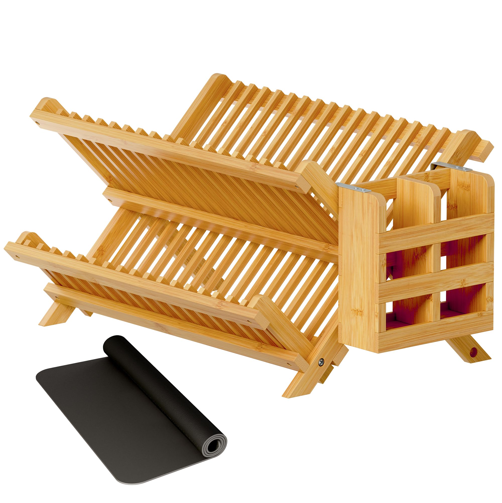Greenual Bamboo Dish Drying Rack with Utensil Holder, 3 Tier Collapsible Dish Rack, Wooden Dish Racks for Kitchen Counter, Large Folding Drying Holder with Absorbent Dish Drying Mat