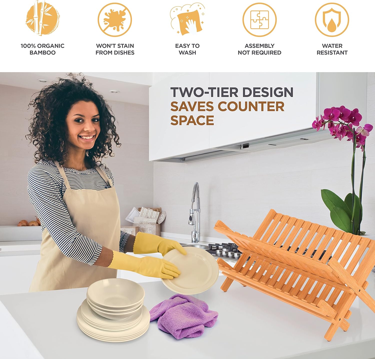 Bambüsi Dish Drying Rack - Collapsible Bamboo 2 Tier Foldable Wooden Dish Drainer for Countertop, Plates Cups Bowls Utensils - Eco Friendly Folding Bamboo Dish Rack for Kitchen Apartment RV Home Small