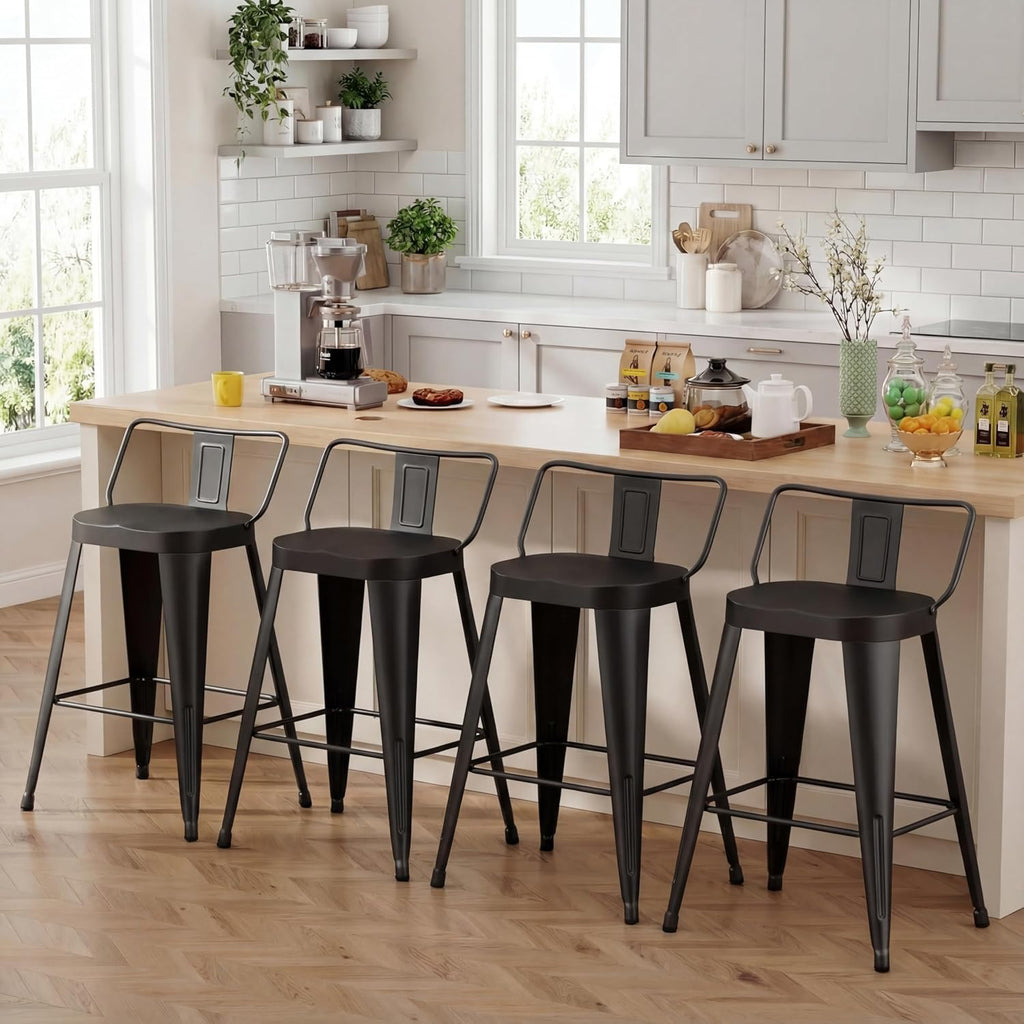ALISH 24 Inch Bar Stools Set of 4, Industrial Metal Barstools Farmhouse Bar Chairs with Large Seat for Kitchen Island (24 Inch, Black)