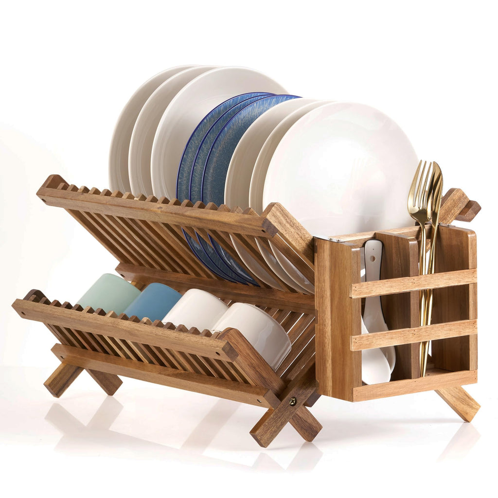 NOVAYEAH Bamboo Dish Drying Rack-2 Tier, Collapsible Small Dish Rack with Utensil Holder, Wooden Drying Rack for Kitchen Counter, Apartment Essentials Kitchen Plate Holder Organization 34 pcs Grid