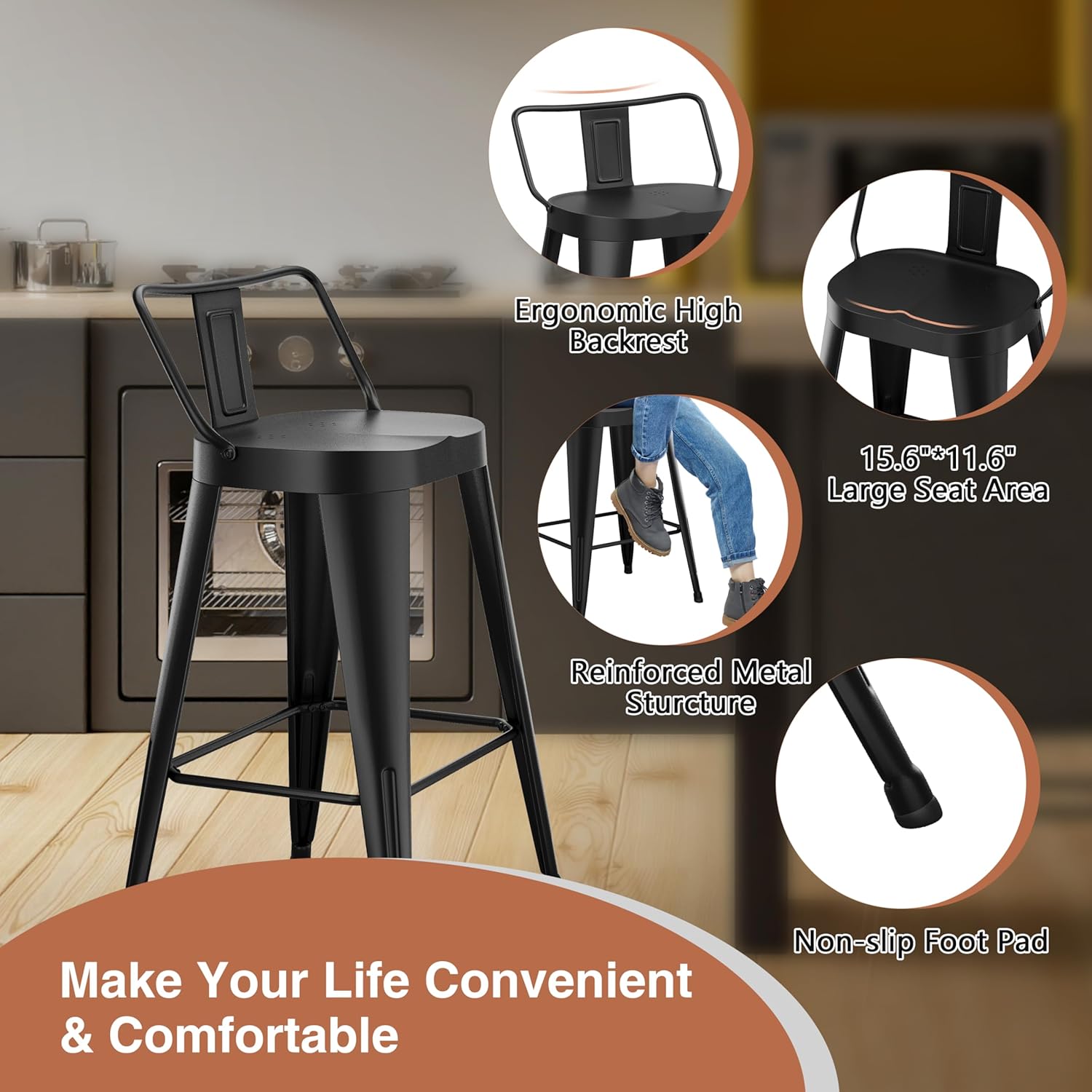 24 Inch Black Industrial Bar Stools Set of 4, Farmhouse Bar Chairs with Large Seat
