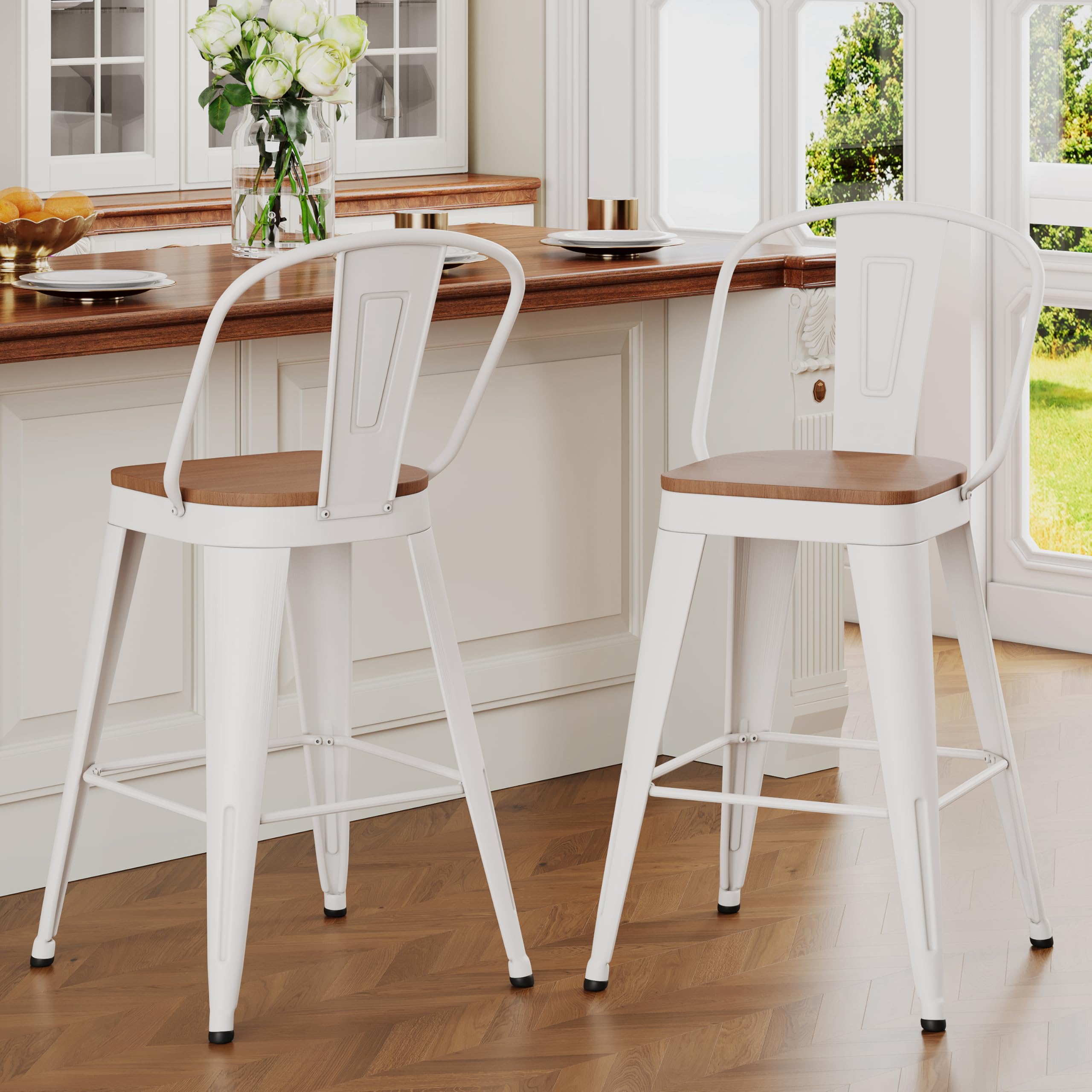 ALISH 30 Inch Industrial Bar Stools Set of 4, High Back Metal Barstools with Large Wood Seat, Counter Height Bar Chairs for Kitchen Island (30 Inch Set of 4, Black)