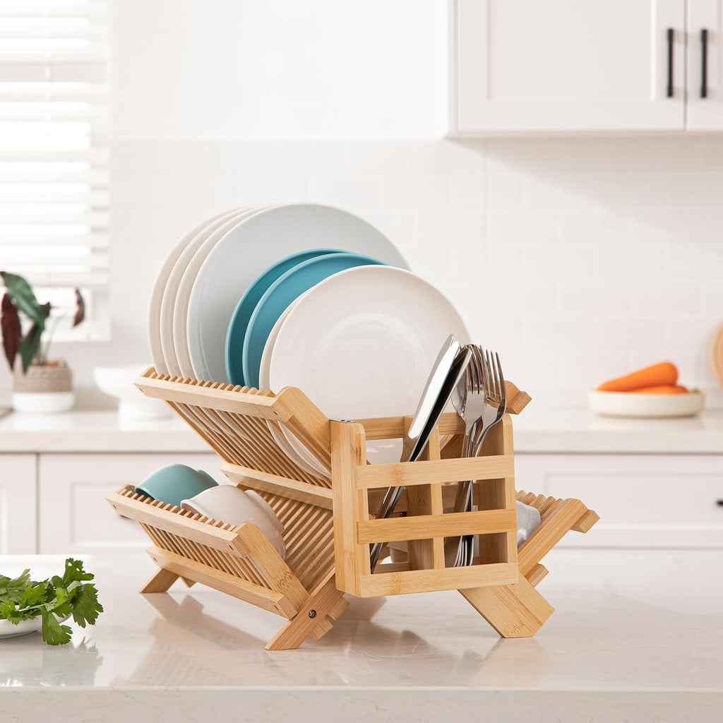 HBlife Bamboo Dish Drying Rack with Utensils Flatware Holder Set, 3-Tier Large Folding Drying Holder for Kitchen Counter, Collapsible Drainer
