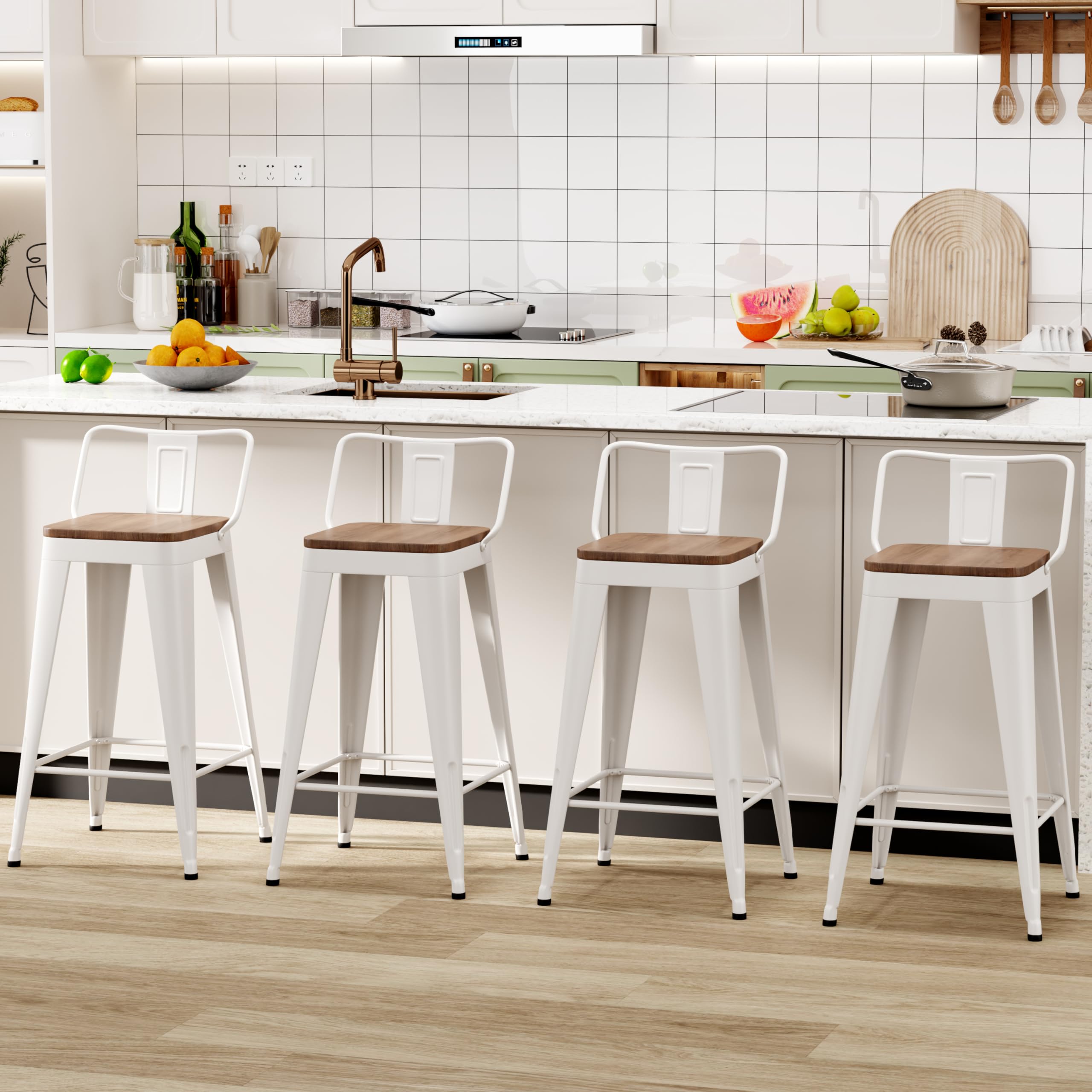 WENTMENT Metal Bar Stools Set of 4 Counter Height Barstools with Removable Back 24" Kitchen Bar Stools with Wooden Seat, Black