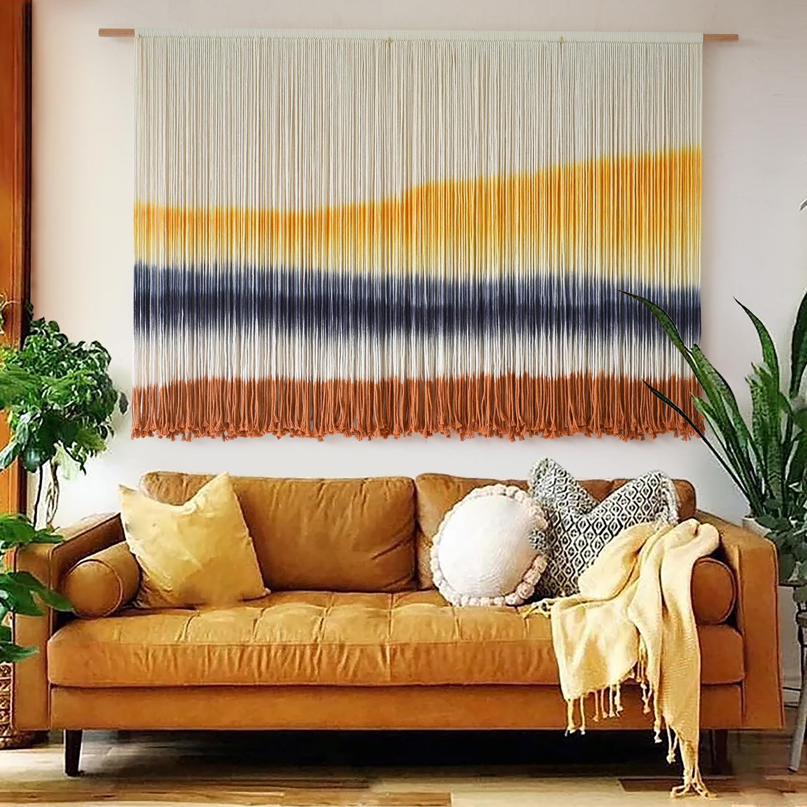Flber Macrame Wall Hanging Macrame Wall Decor Large-Scale Tie-Dye Tapestry Living Home Room Wall Decor 57" Wx 35" L