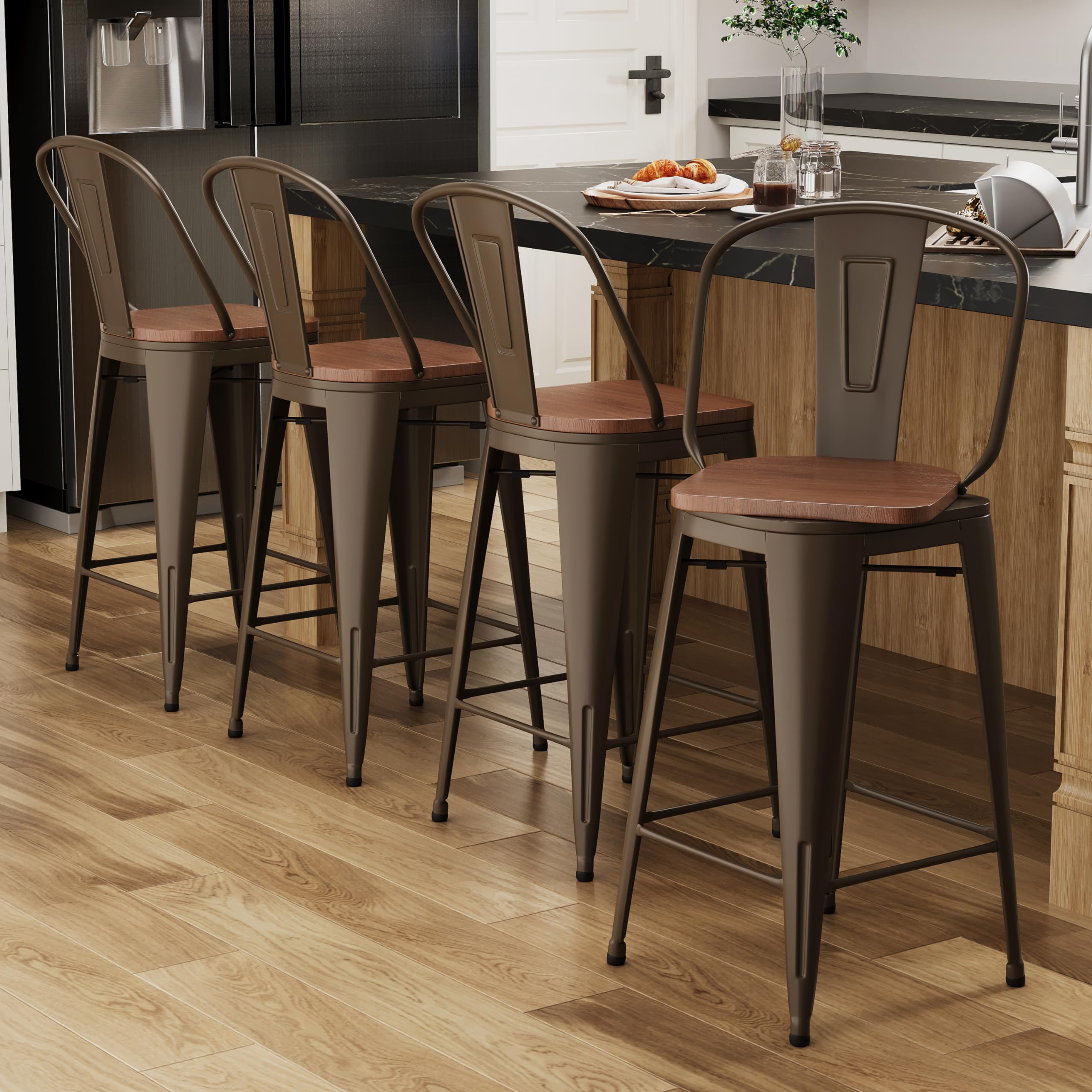 Alunaune 26" Swivel Metal Bar Stools Set of 4 High Back Counter Height Barstools Industrial Dining Bar Chairs with Large Wooden Seat-Matte Black