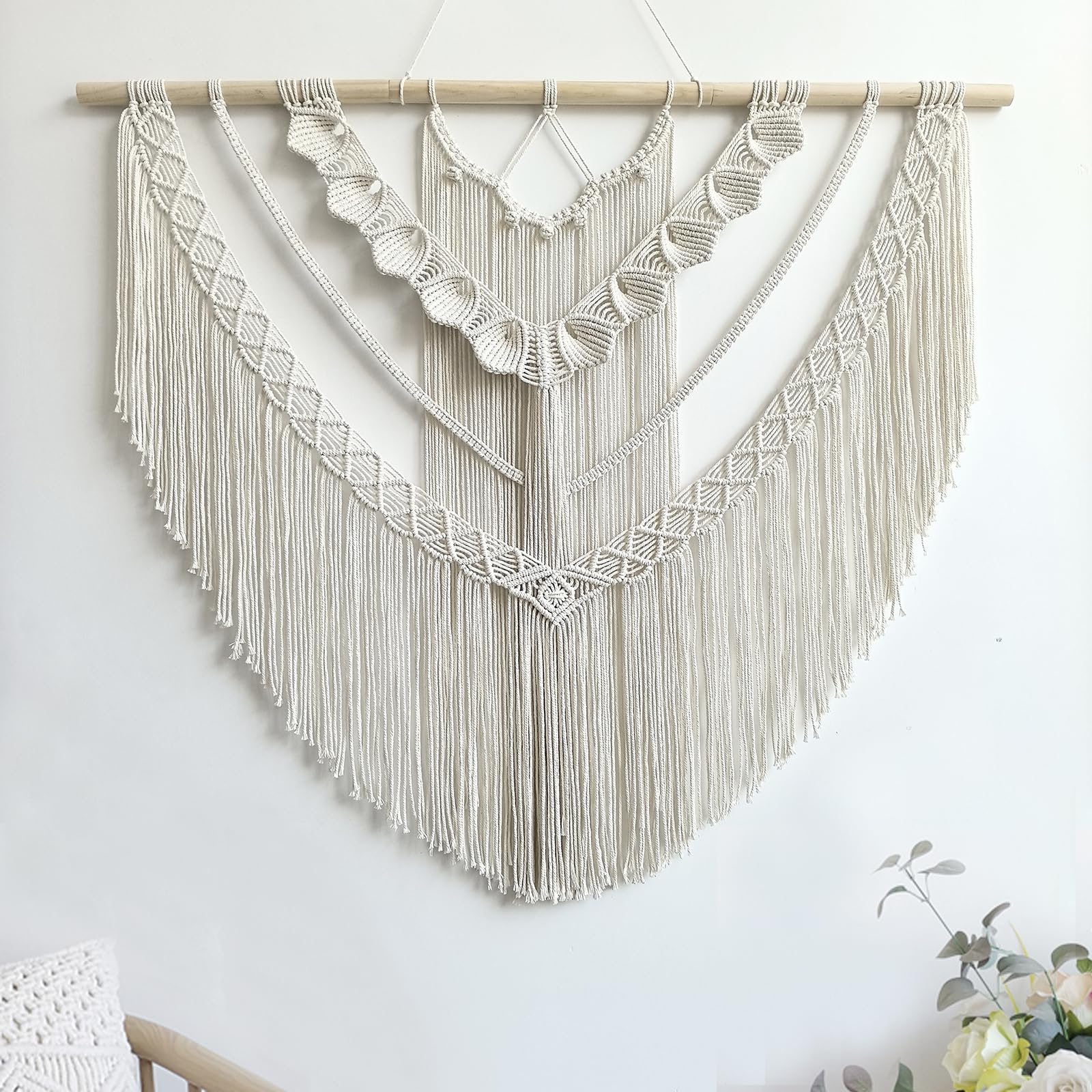 Large Macrame Wall Hanging, Boho Tapestry with Leaf & Wood Bead for Living Room Bedroom