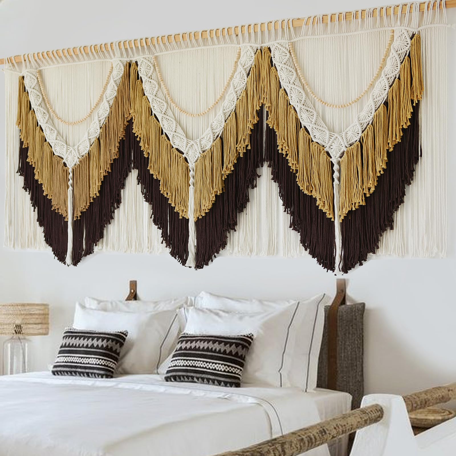 IOWER Macrame Wall Hanging Wedding Hanger Macrame Wall Decor Dorm Craftsmanship Handmade Tassel Knotting Boho Fiber Art Home Room Decor 47" W x 25" L