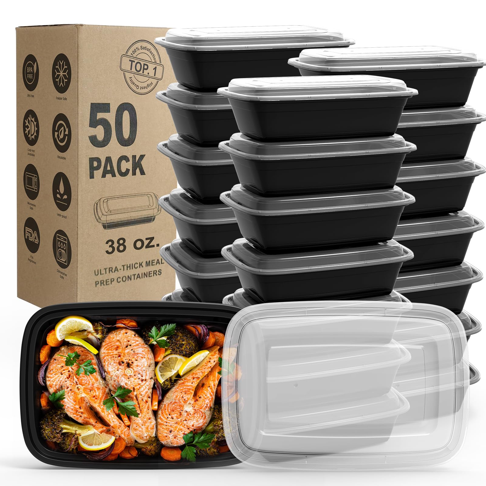WGCC Meal Prep Containers, 32OZ 50 Pack Extra-thick Food Storage Containers with Lids, Plastic Microwavable Bento Box Reusable Storage Lunch Boxes BPA Free, Stackable, Dishwasher/Freezer Safe