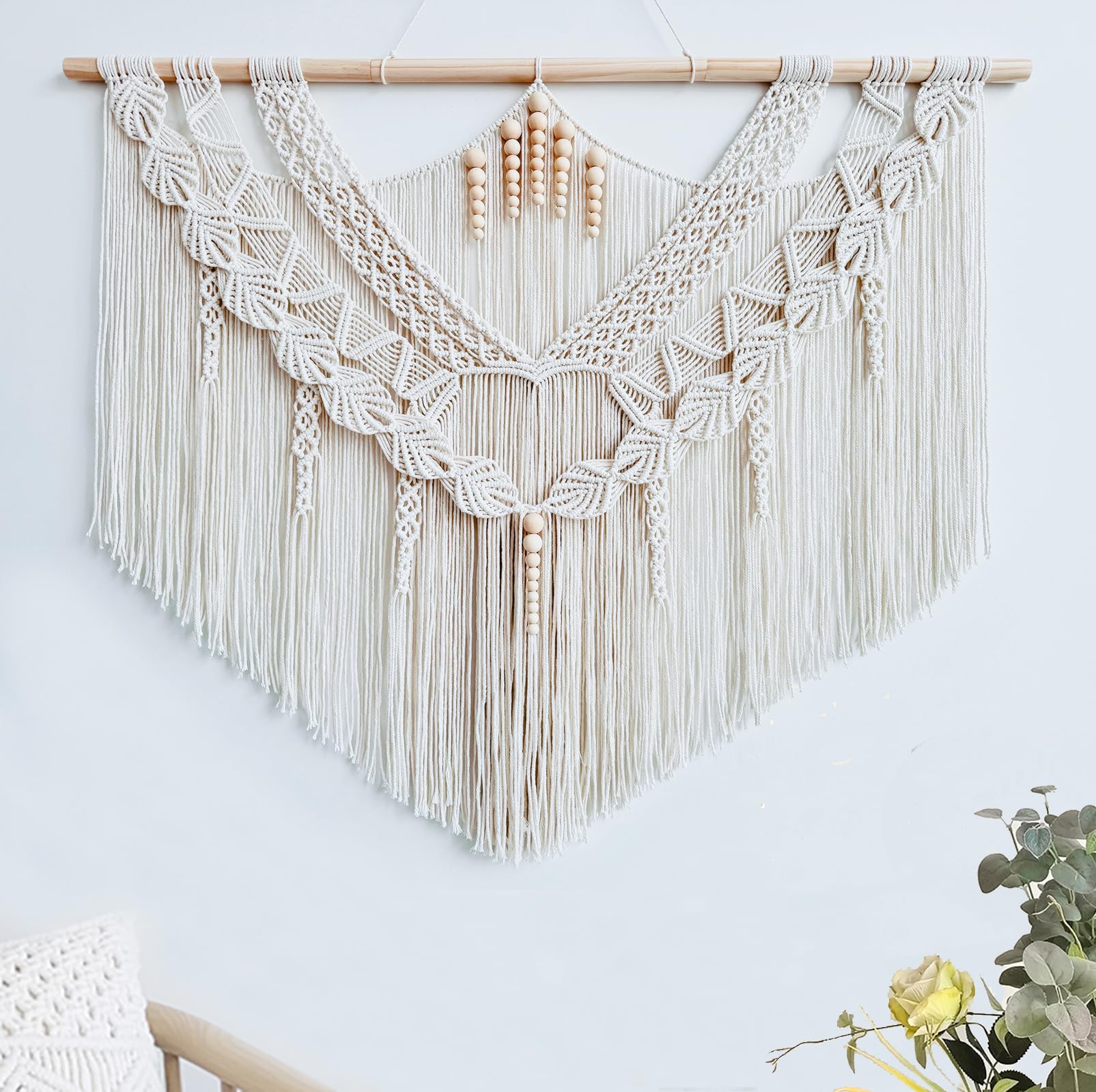 Large Macrame Wall Hanging, Boho Tapestry with Leaf & Wood Bead for Living Room Bedroom