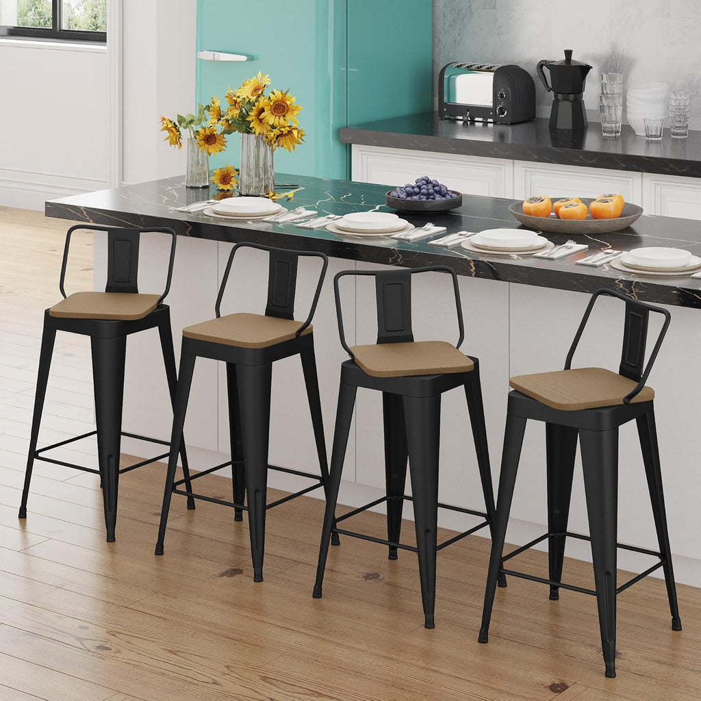 ALISH Swivel Bar Stools Set of 4 Counter Height Metal Bar Stools with Low Back Industrial Barstools for Kitchen Island (Black, 24 Inch 4 PCS)