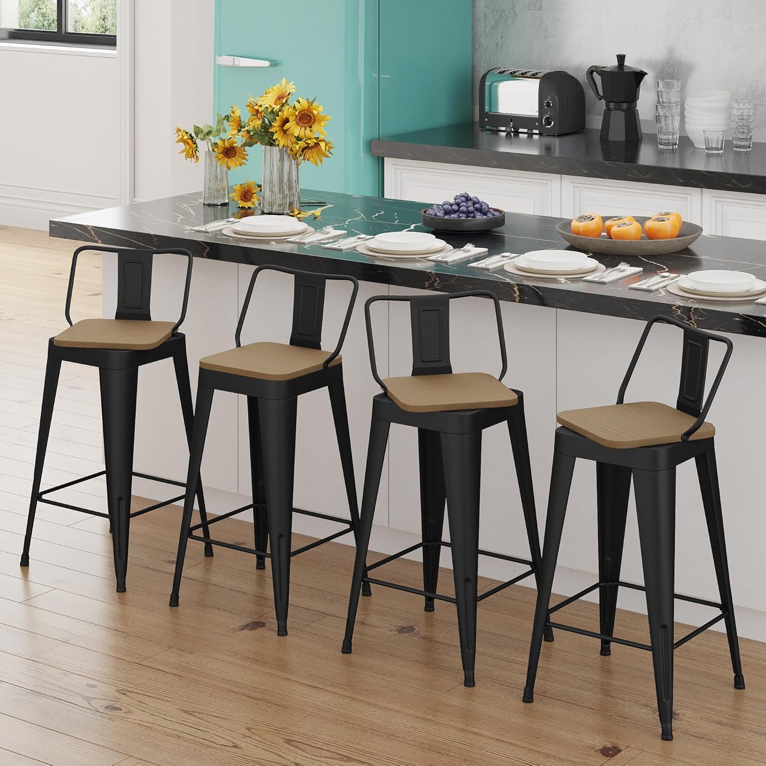 ALISH Swivel Bar Stools Set of 4 Counter Height Metal Bar Stools with Low Back Industrial Barstools for Kitchen Island (Black, 24 Inch 4 PCS)