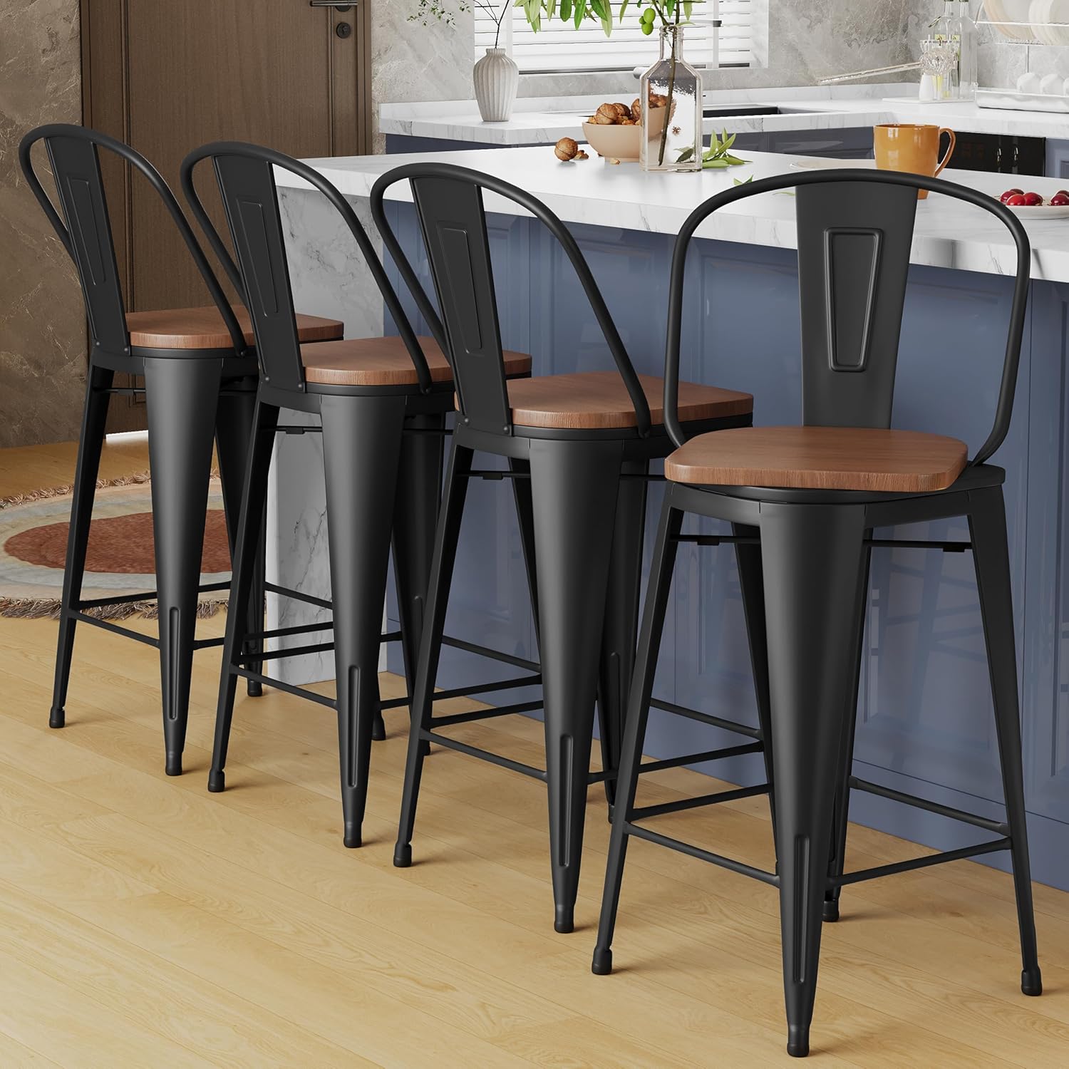 Alunaune 26" Swivel Metal Bar Stools Set of 4 High Back Counter Height Barstools Industrial Dining Bar Chairs with Large Wooden Seat-Matte Black