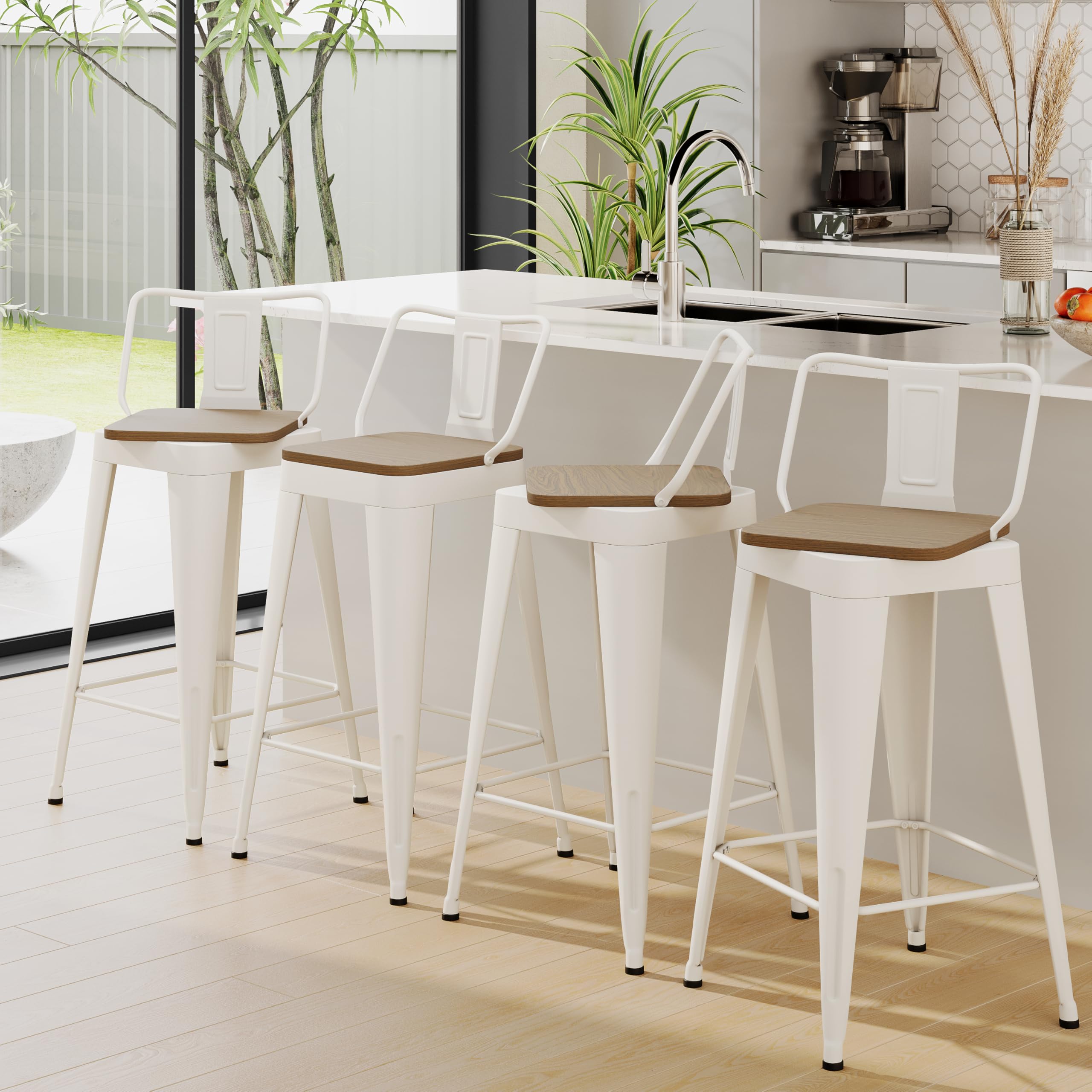 ALISH Swivel Bar Stools Set of 4 Counter Height Metal Bar Stools with Low Back Industrial Barstools for Kitchen Island (Black, 24 Inch 4 PCS)
