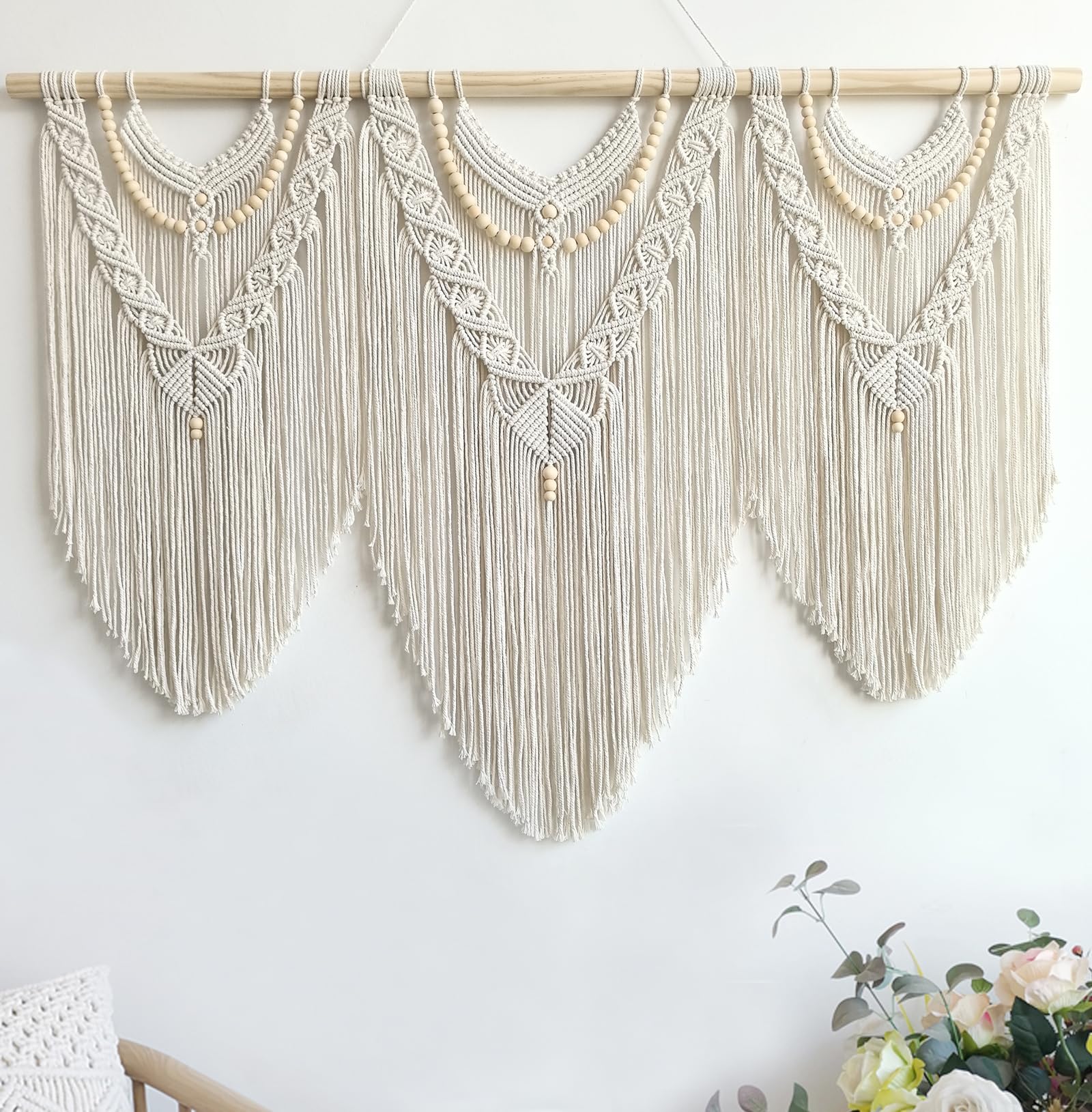 Large Macrame Wall Hanging, Boho Tapestry with Leaf & Wood Bead for Living Room Bedroom
