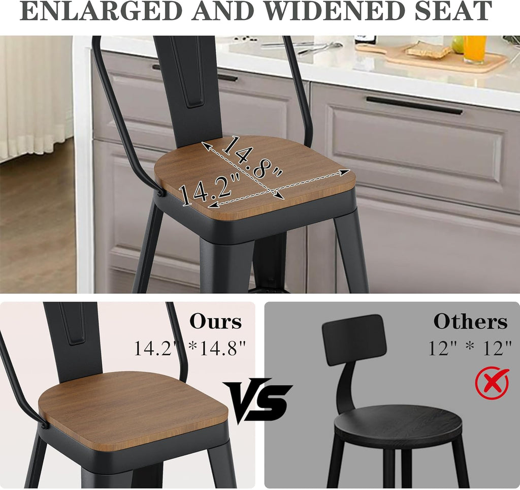 ALISH 30 Inch Industrial Bar Stools Set of 4, High Back Metal Barstools with Large Wood Seat, Counter Height Bar Chairs for Kitchen Island (30 Inch Set of 4, Black)