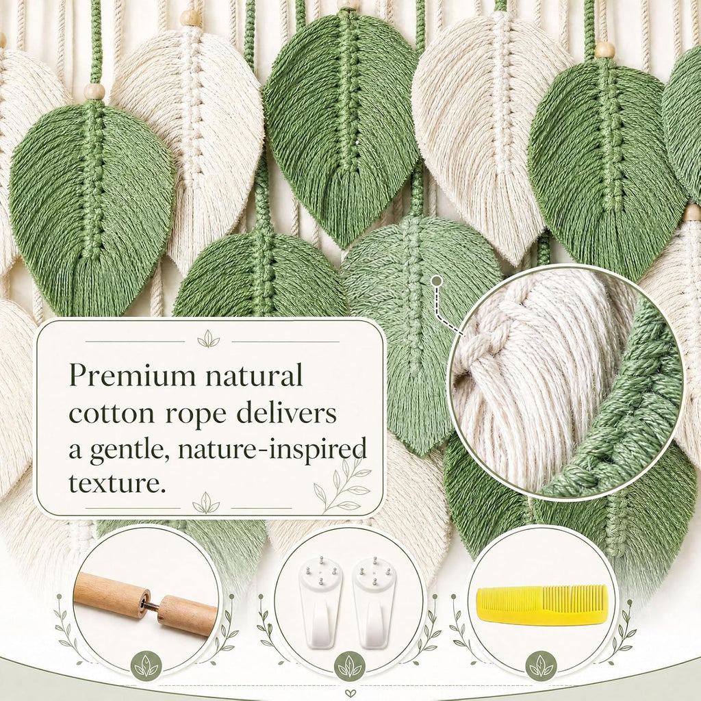 Mnjmhsg Large Macrame Wall Hanging, Boho Leaf Handwoven Macrame Wall Decor with Splicable Wood Rod, Tapestry Wall Hanging Bohemian Wall Art, Premium Cotton Macrame for Bedroom Living Room Office Decor, 39"W x 29.5"L