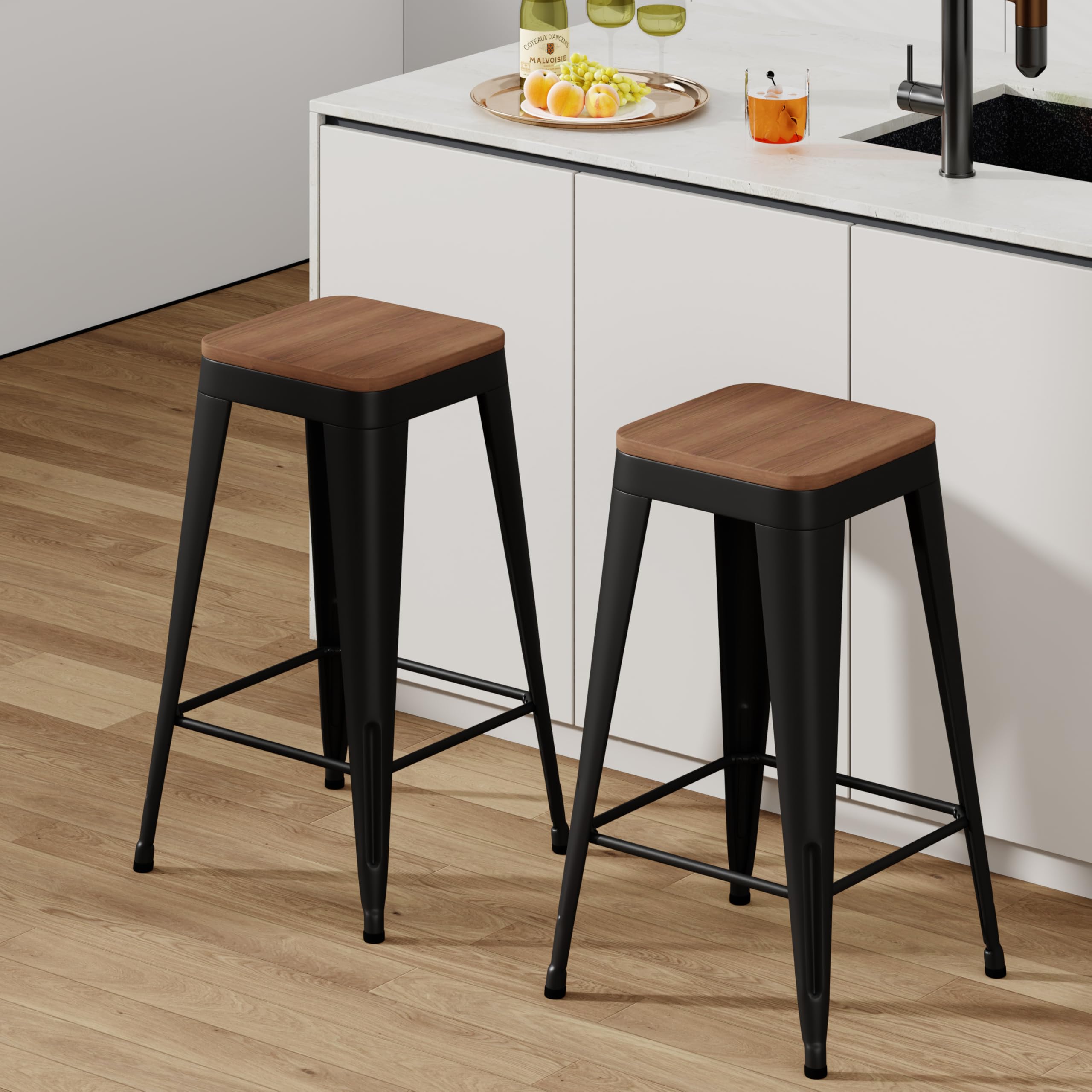 Barstools Set of 4 White Metal Bar Stools Industrial Modern Bar Chairs with Wood Top for Kitchen Island Counter Height Cafe Resturant Stools (Black Without Back, 26 inch Counter Height)