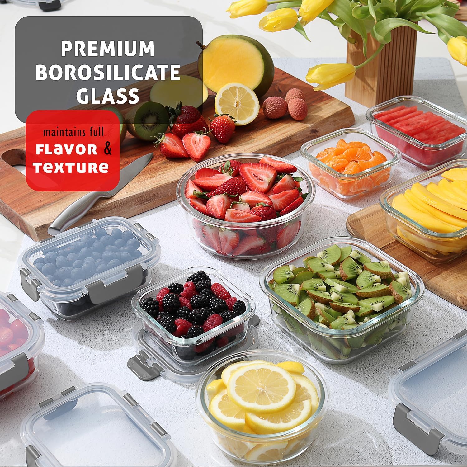 16 Pack Glass Food Storage Containers with Airtight Lids, Microwave Freezer Safe Meal Prep Boxes
