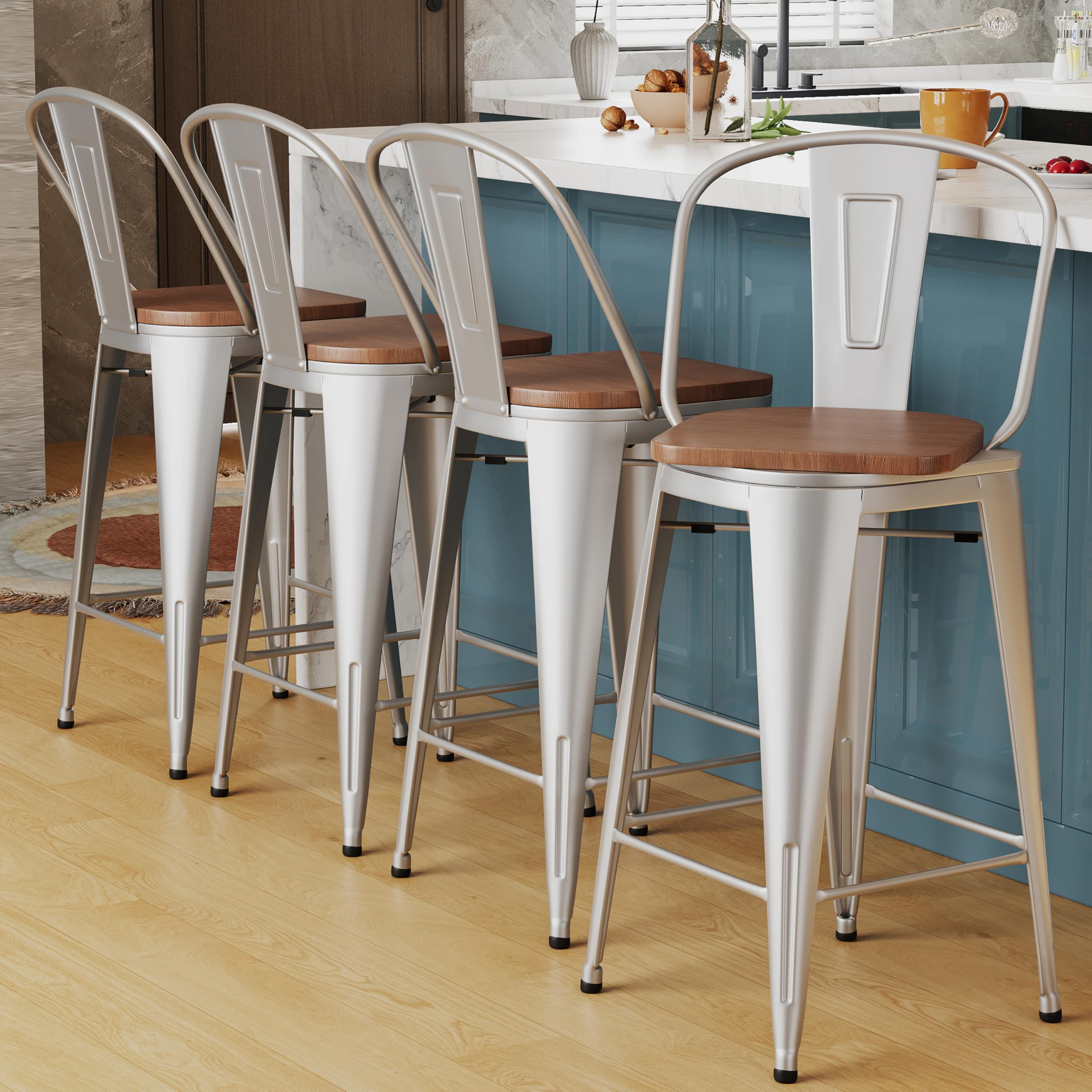 Alunaune 26" Swivel Metal Bar Stools Set of 4 High Back Counter Height Barstools Industrial Dining Bar Chairs with Large Wooden Seat-Matte Black