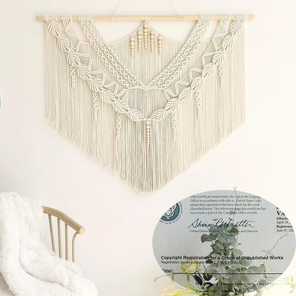 Large Macrame Wall Hanging, Boho Tapestry with Leaf & Wood Bead for Living Room Bedroom