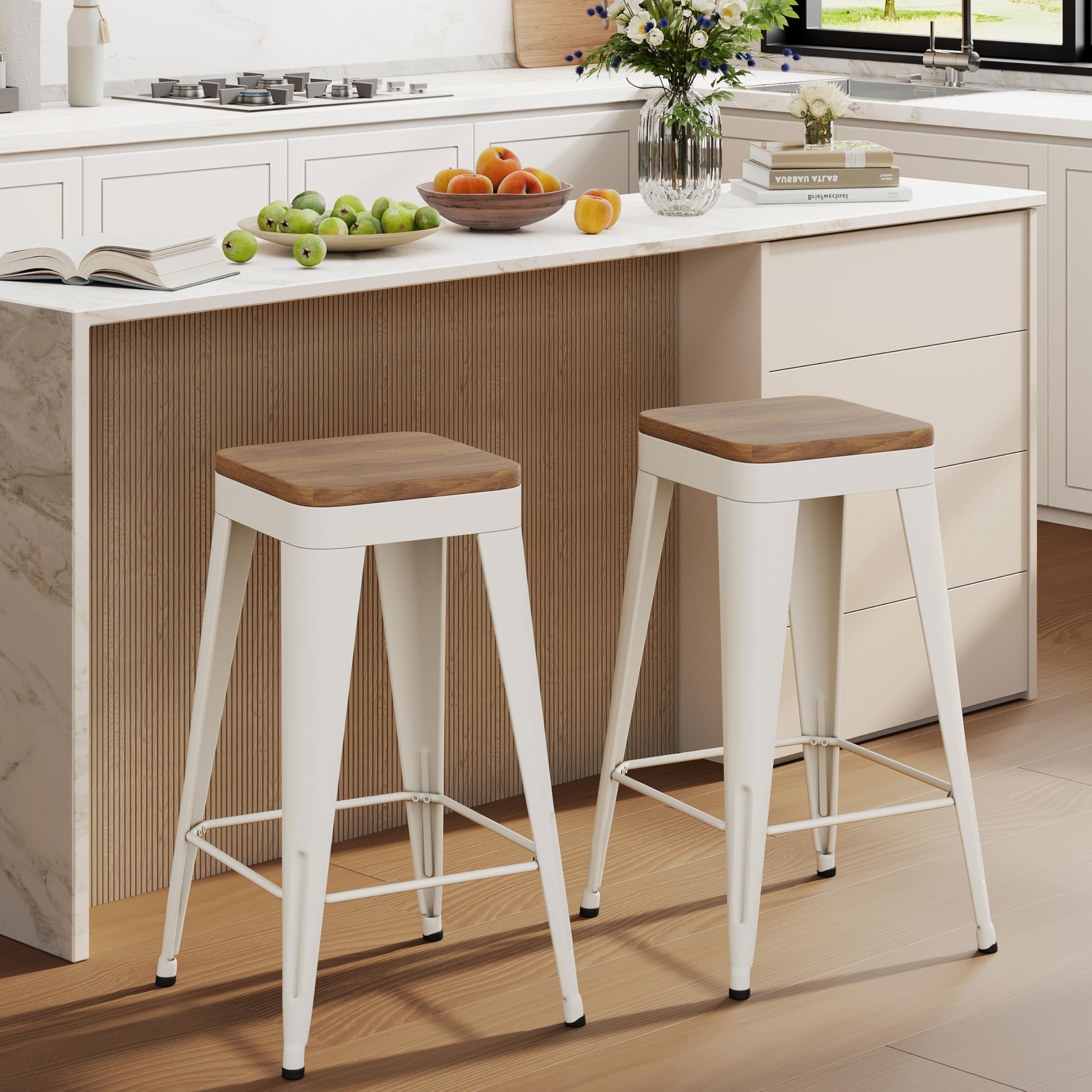 Bar Stools Set of 4 Metal Bar Stool Counter Height Bar Stools Black, Modern 24" Bar Chairs Without Back,Wooden Seat Bar Stool Counter Height